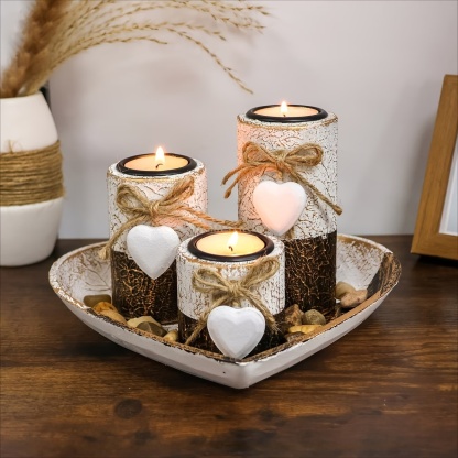 Complete Wooden Heart Candlestick Set