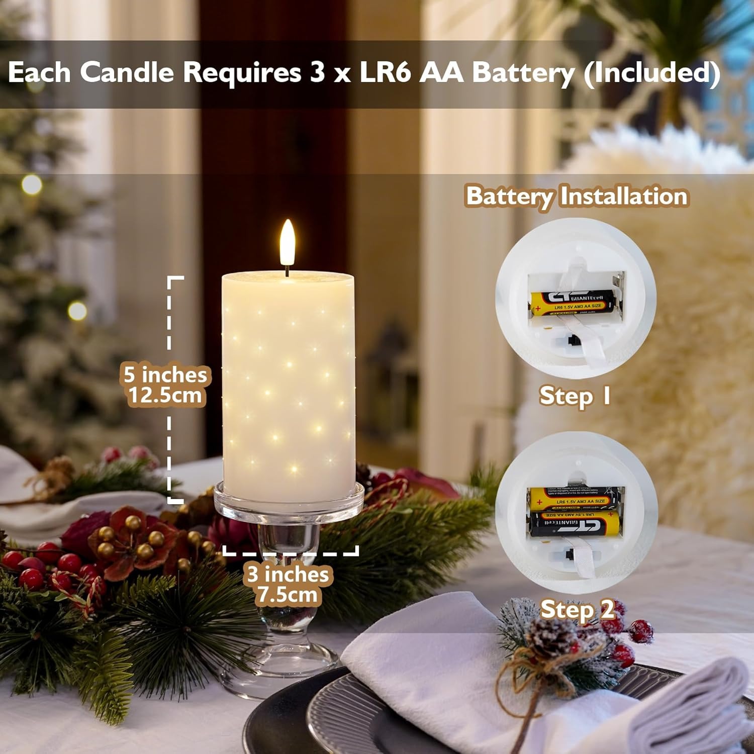 White Real Wax LED Candles with Twinkle Fiber Optic Lights
