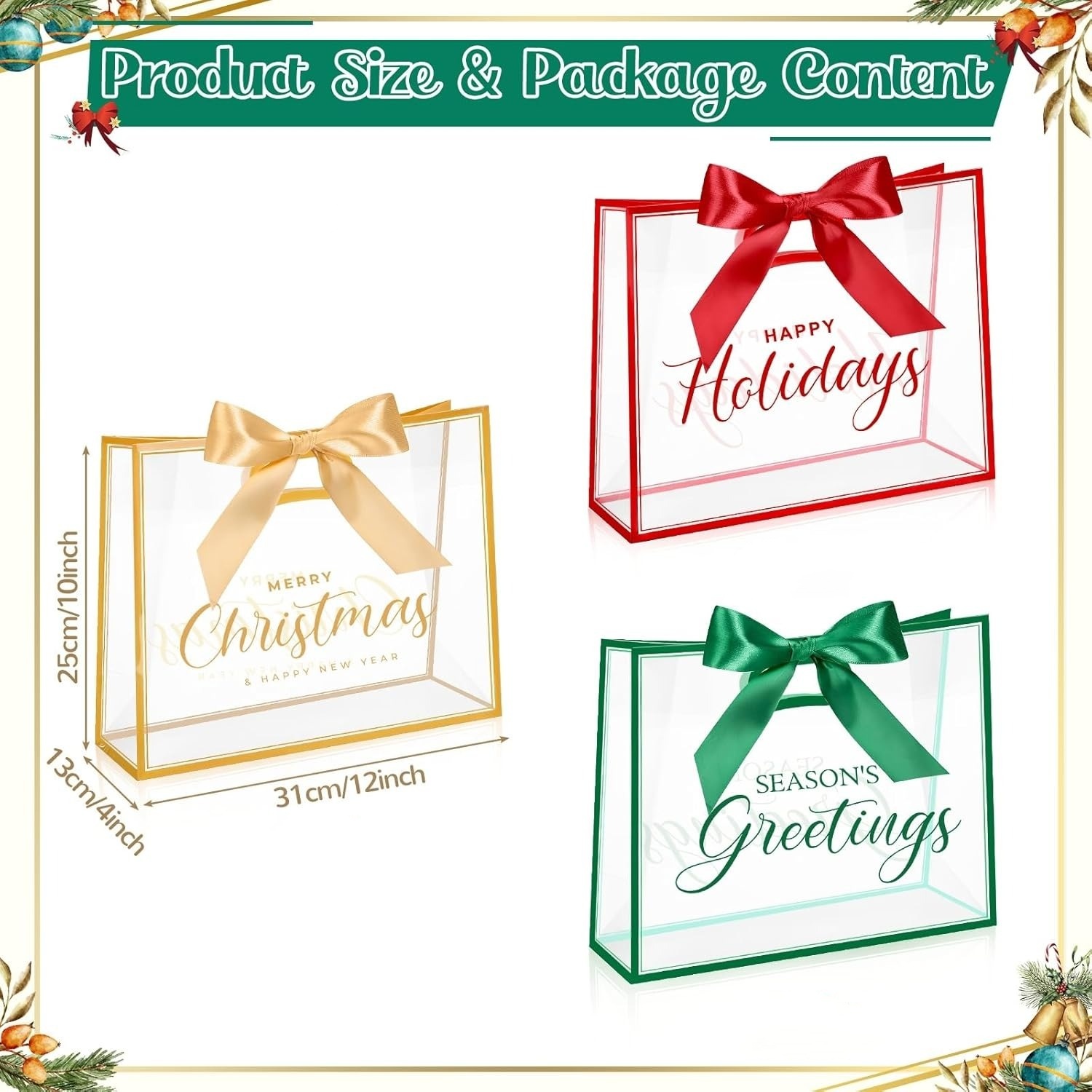 Large Capacity Long-lasting Christmas Clear Gift Bags with Ribbons
