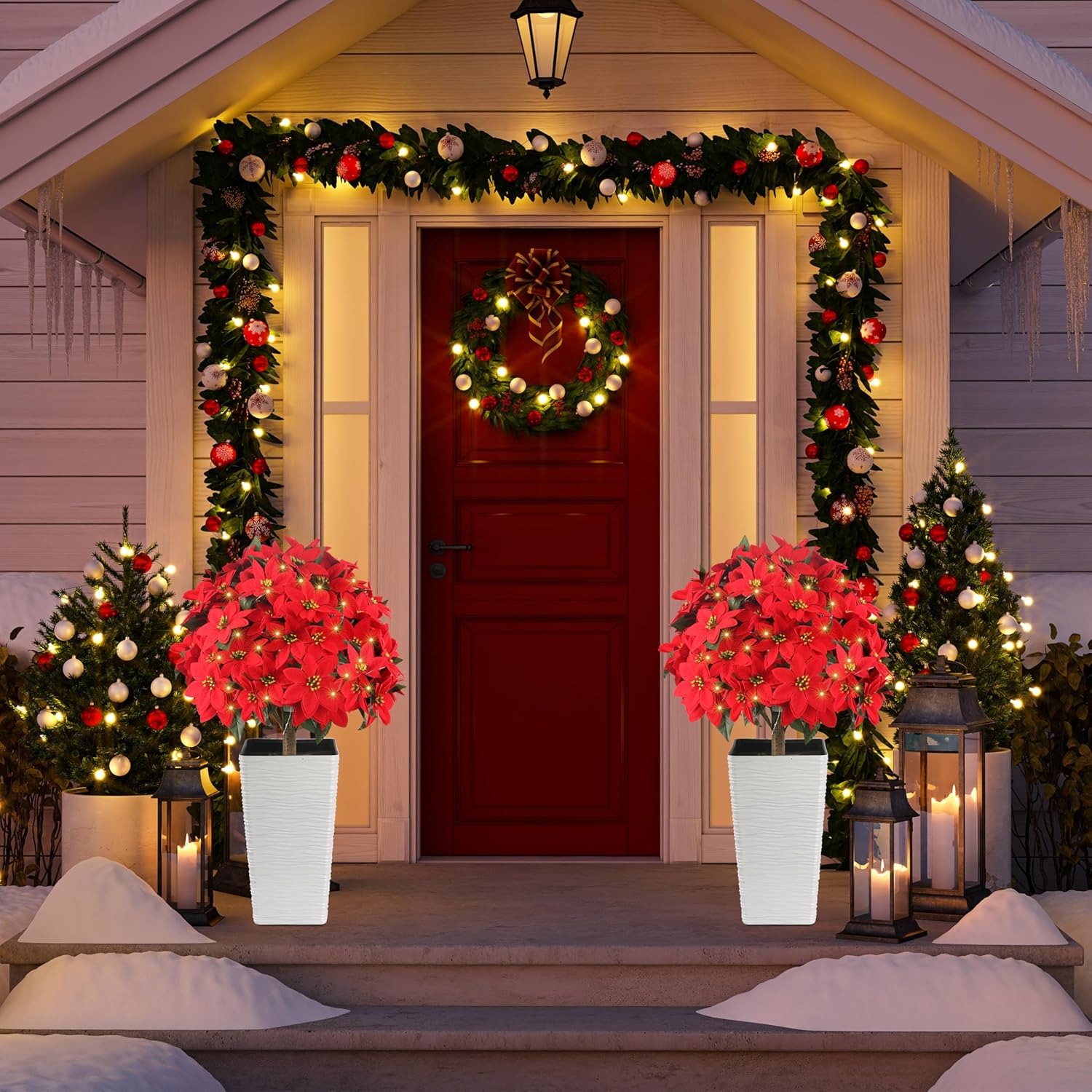 Artificial Poinsettias Topiary Ball Tree with Ground Spike Boxwood