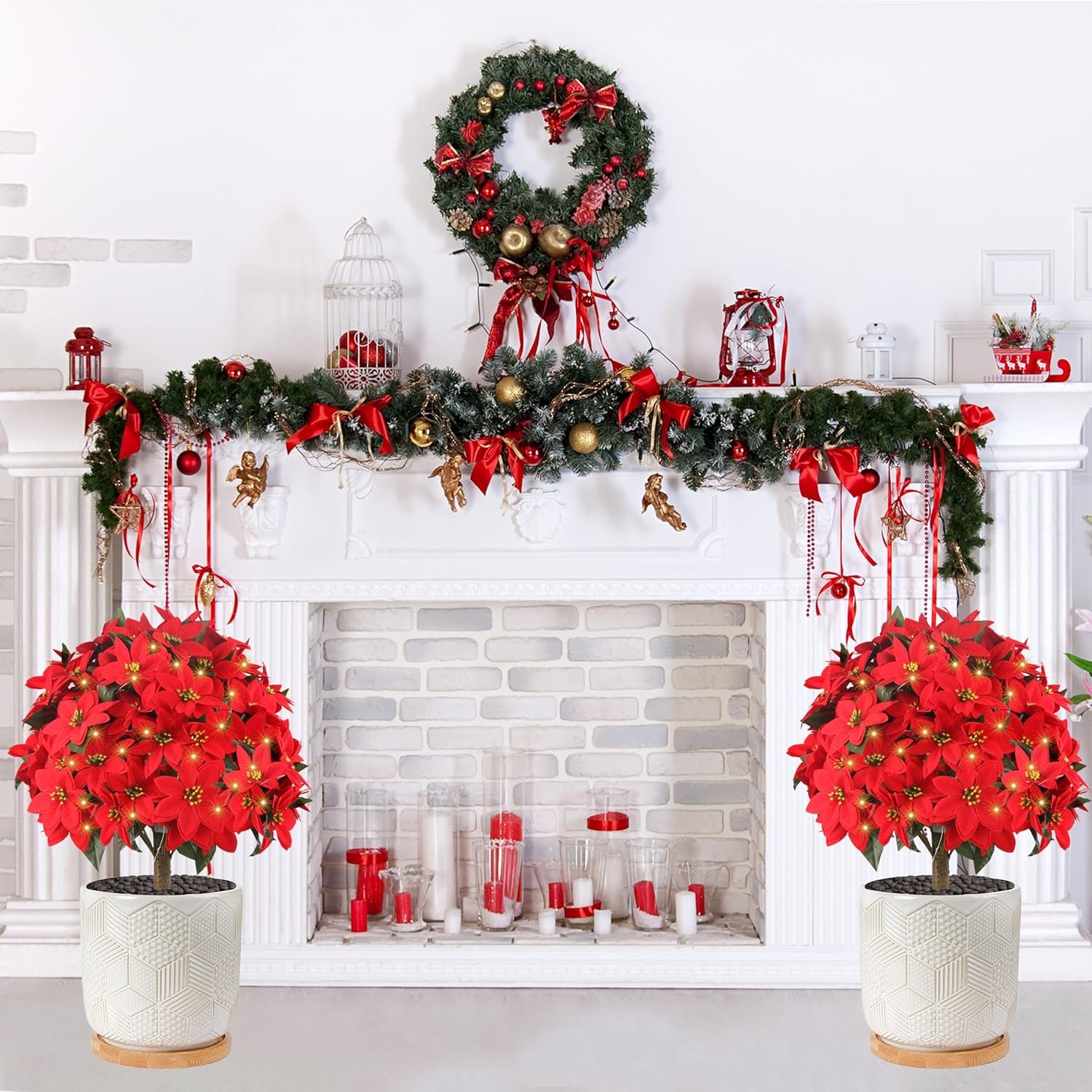 Artificial Poinsettias Topiary Ball Tree with Ground Spike Boxwood