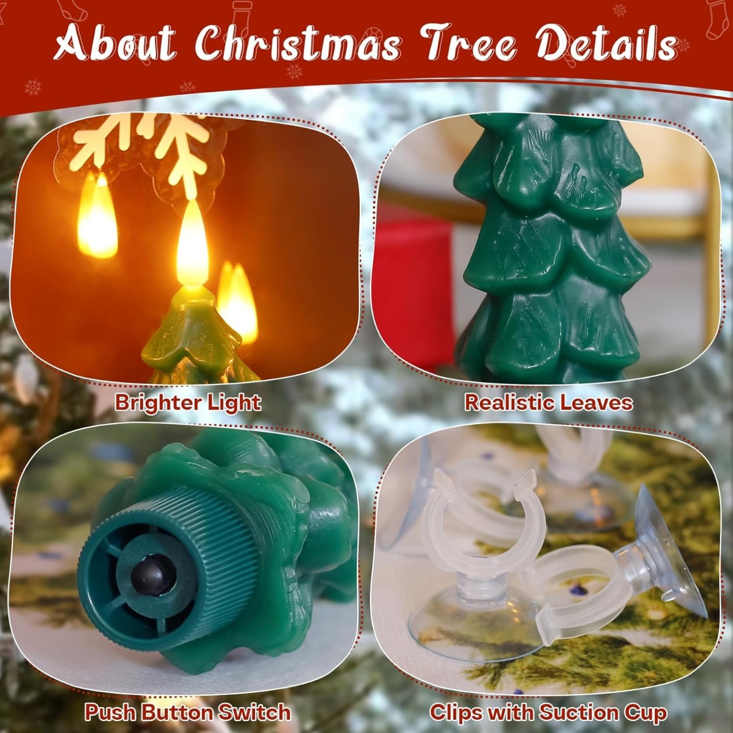 6pcs Tree Shaped Flameless Real Wax Green Taper Window Flickering Candles with Remote and Timer (Suction Cups Included)