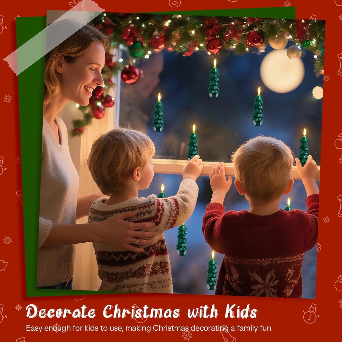 6pcs Tree Shaped Flameless Real Wax Green Taper Window Flickering Candles with Remote and Timer (Suction Cups Included)