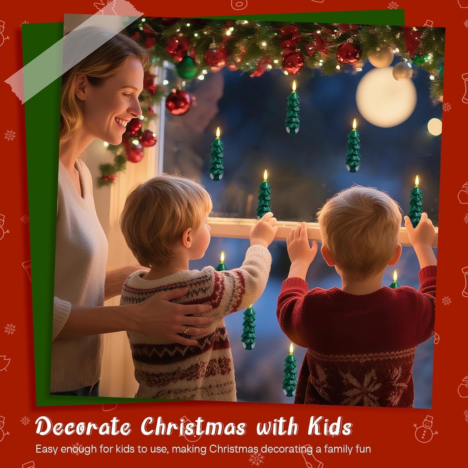 6pcs Tree Shaped Flameless Real Wax Green Taper Window Flickering Candles with Remote and Timer (Suction Cups Included)