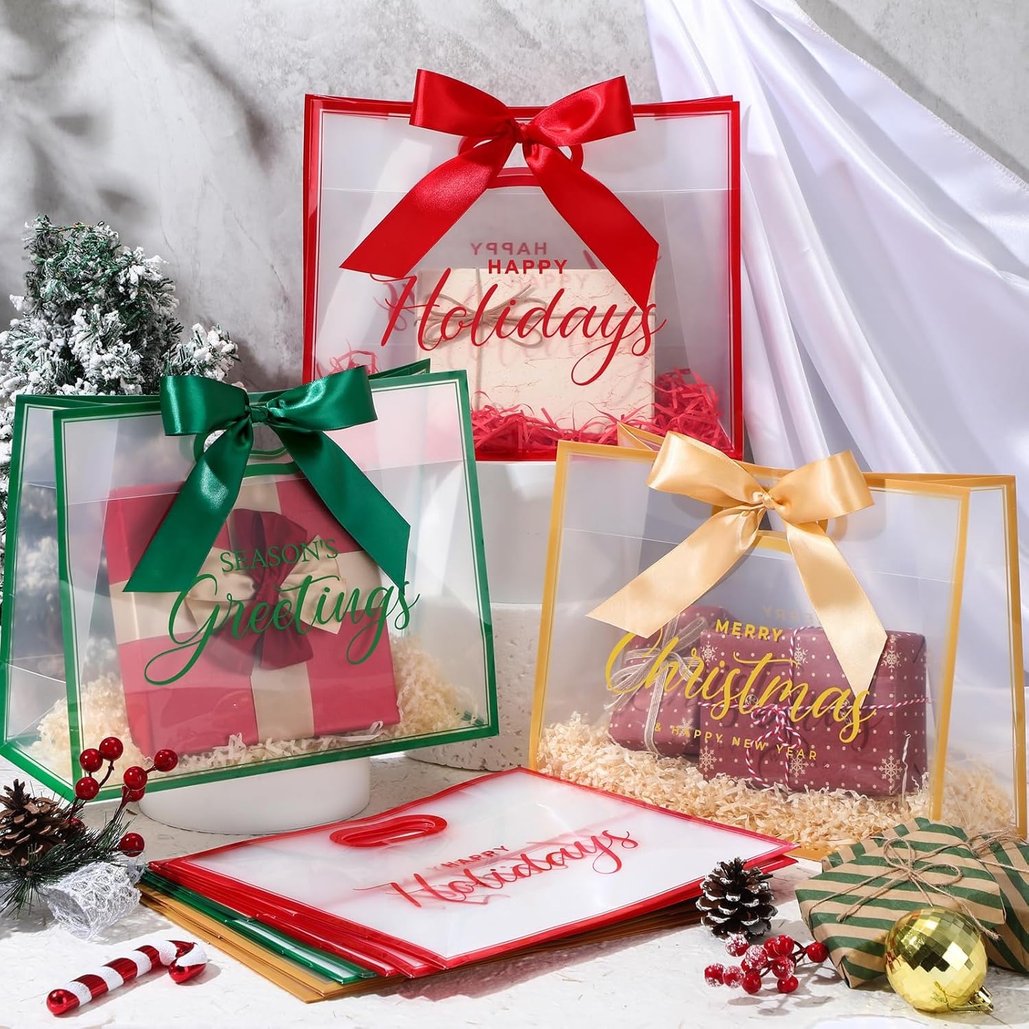 Large Capacity Long-lasting Christmas Clear Gift Bags with Ribbons