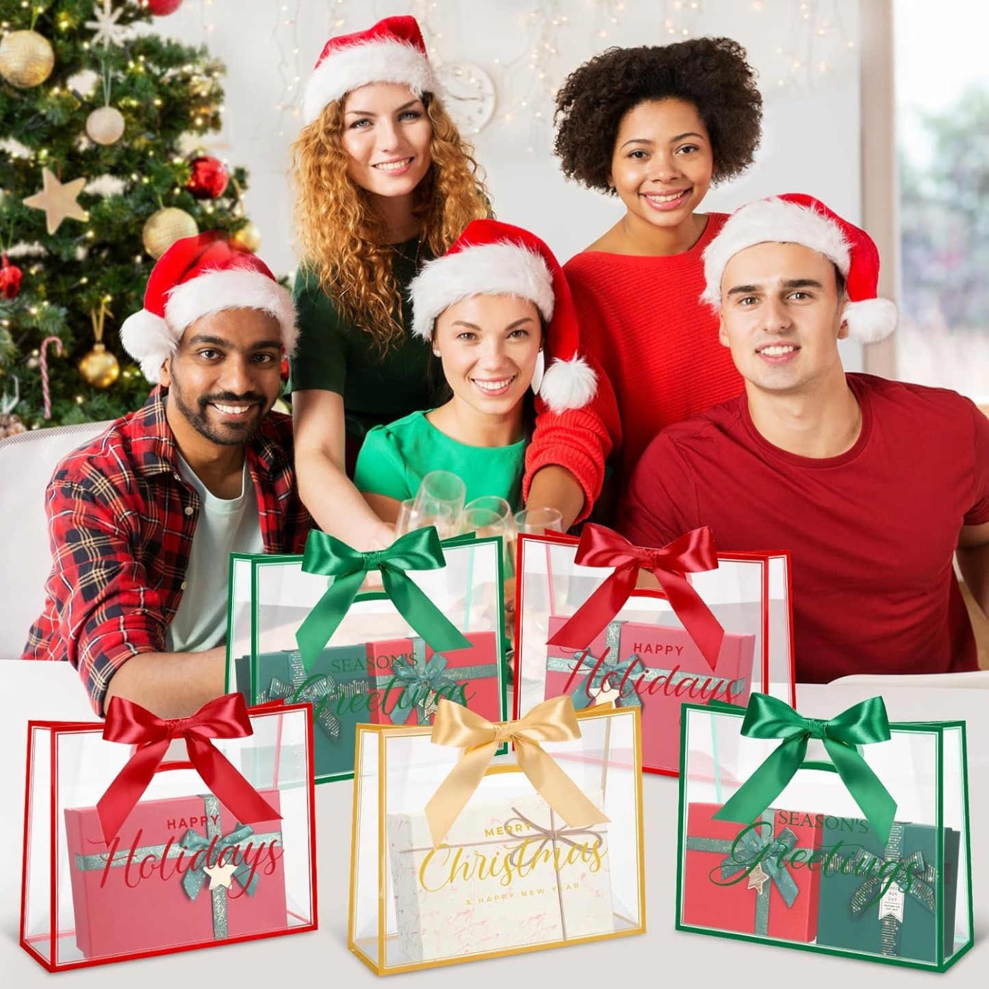 Large Capacity Long-lasting Christmas Clear Gift Bags with Ribbons