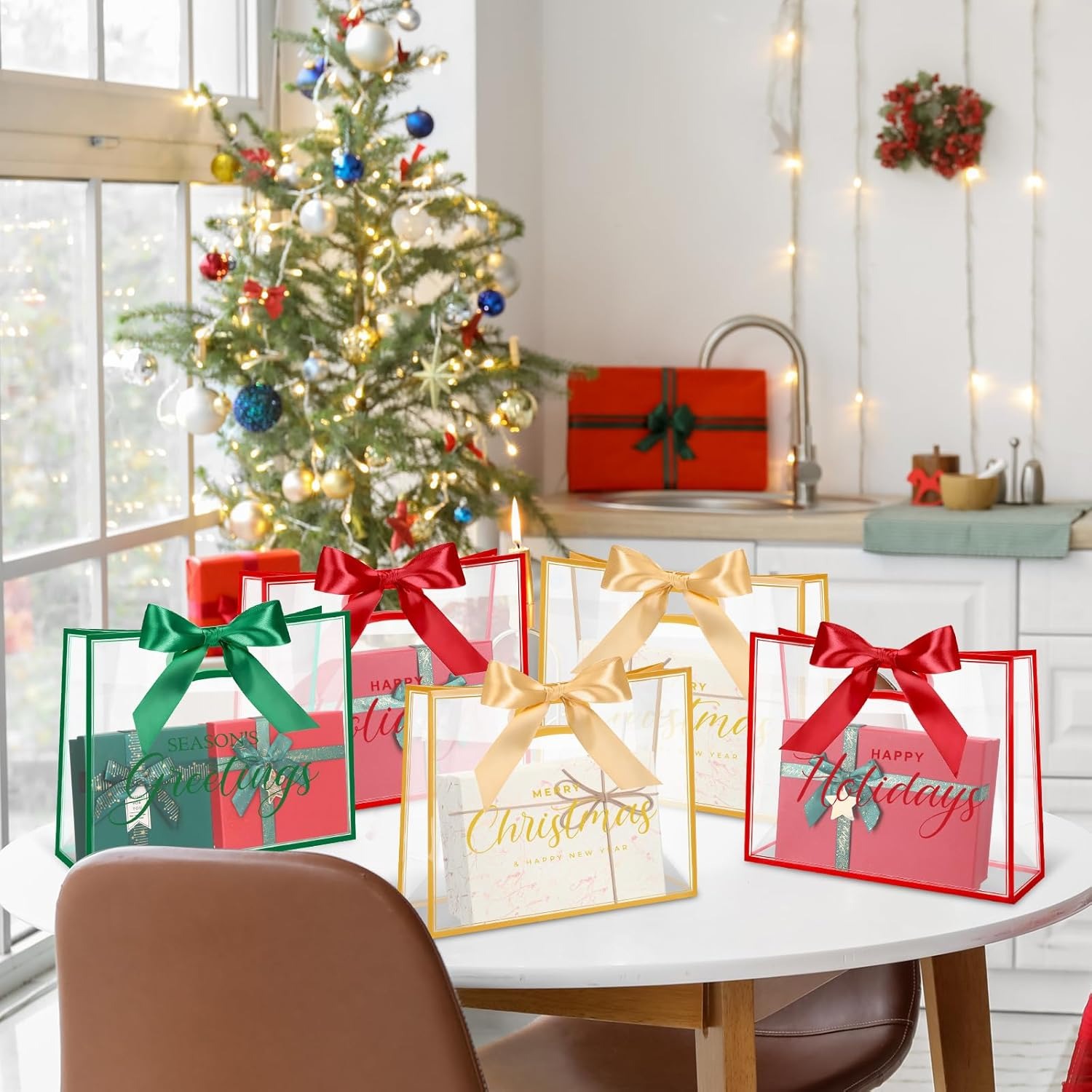 Large Capacity Long-lasting Christmas Clear Gift Bags with Ribbons