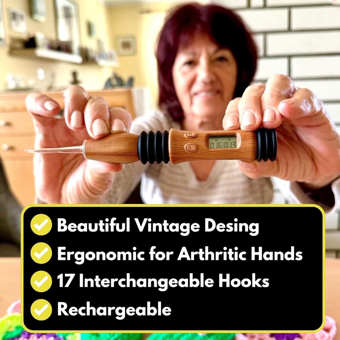 Vintage Counting Crochet Hook Set with Light & Counter - Ergonomic for Arthritic Hands