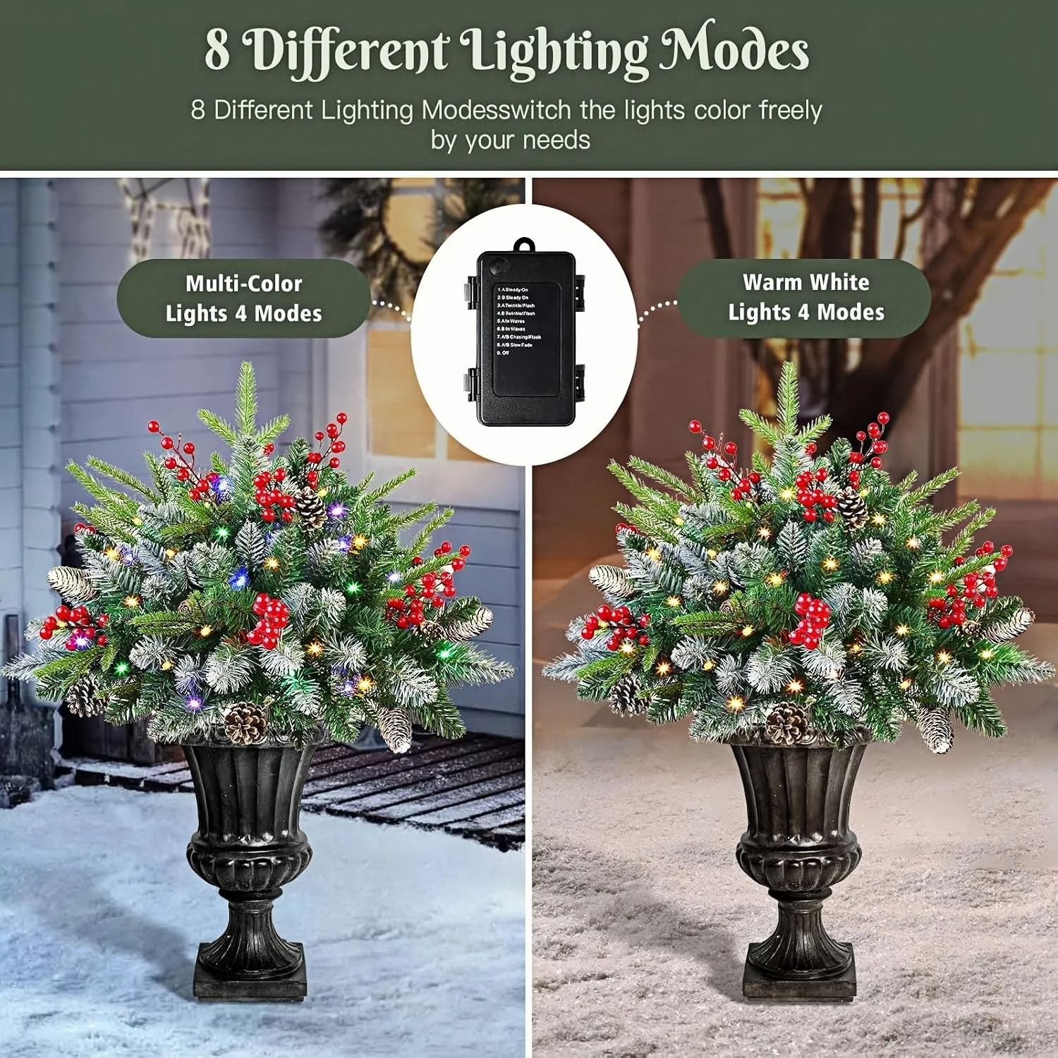 Pre-lit Artificial Christmas Tree Urn Filler with Remote & Timer - UV Resistant, Waterproof, Windproof & Snow-Resistant