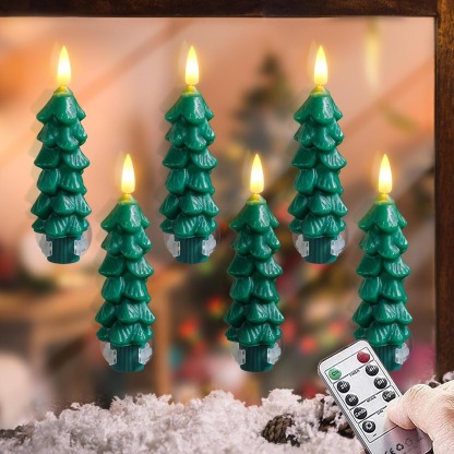 6pcs Tree Shaped Flameless Real Wax Green Taper Window Flickering Candles with Remote and Timer (Suction Cups Included)