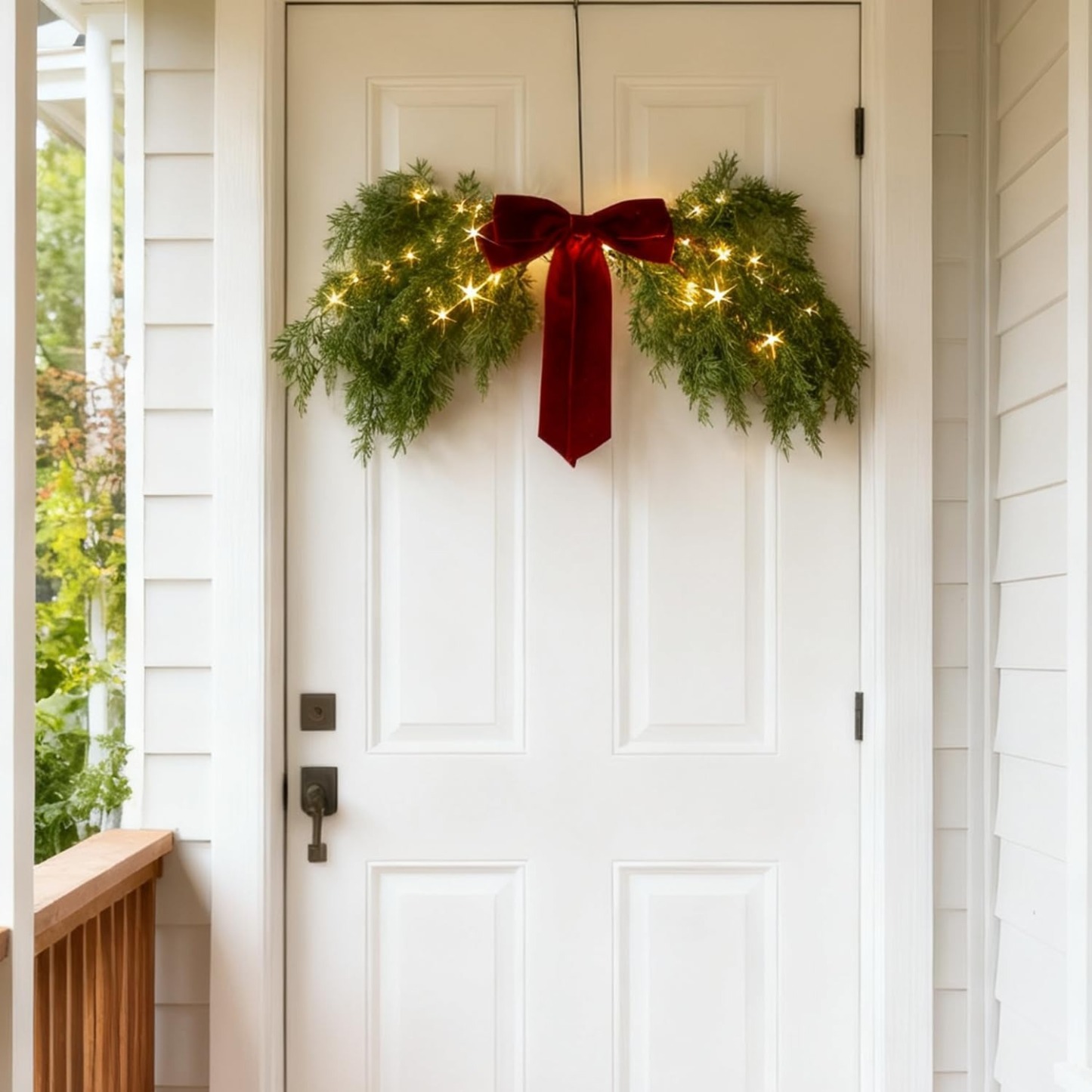 Lighted Cedar Pine Swag with Velvet Bow, Battery Operated with Timer 60 LED Fairy Lights