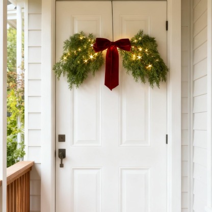 Lighted Cedar Pine Swag with Velvet Bow, Battery Operated with Timer 60 LED Fairy Lights