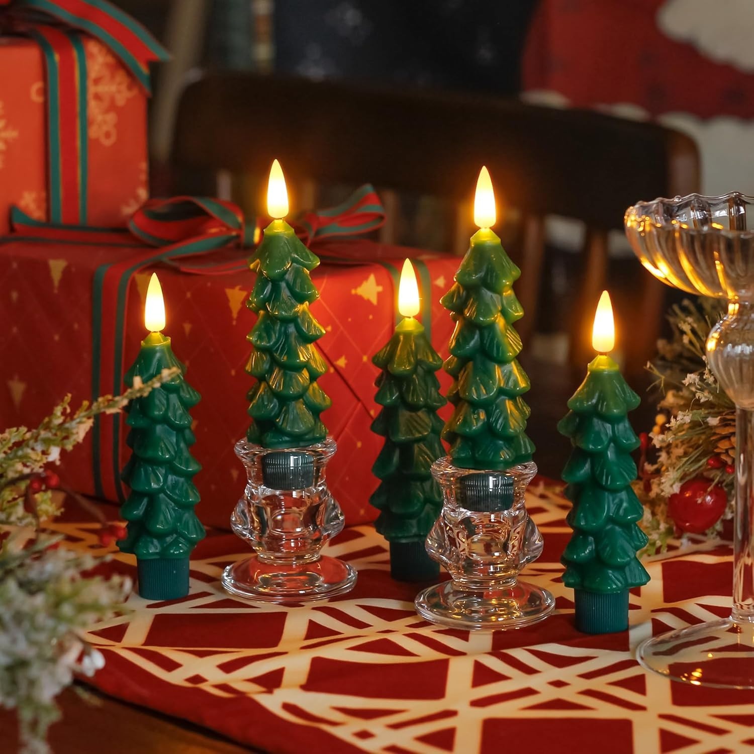 6pcs Tree Shaped Flameless Real Wax Green Taper Window Flickering Candles with Remote and Timer (Suction Cups Included)