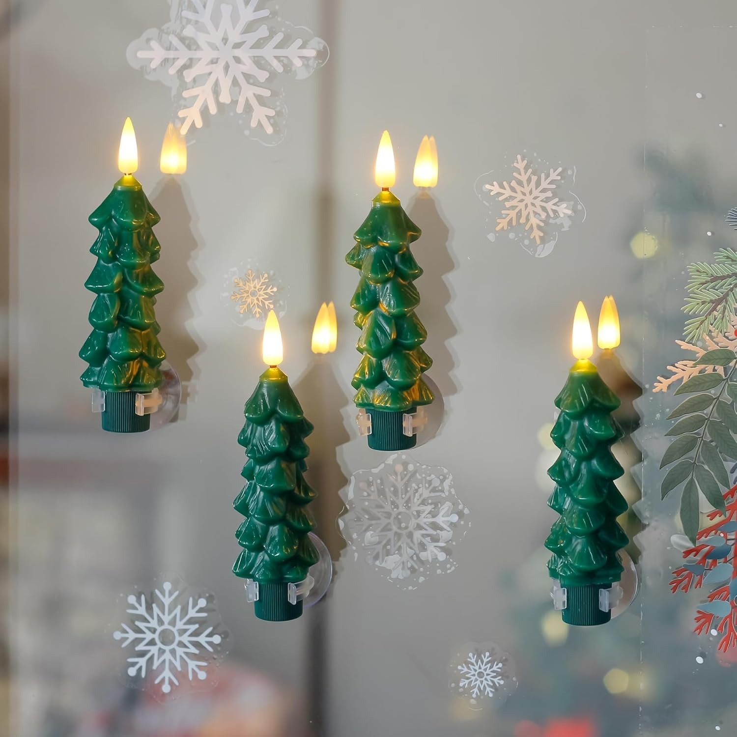 6pcs Tree Shaped Flameless Real Wax Green Taper Window Flickering Candles with Remote and Timer (Suction Cups Included)