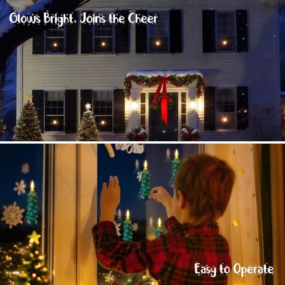 6pcs Tree Shaped Flameless Real Wax Green Taper Window Flickering Candles with Remote and Timer (Suction Cups Included)