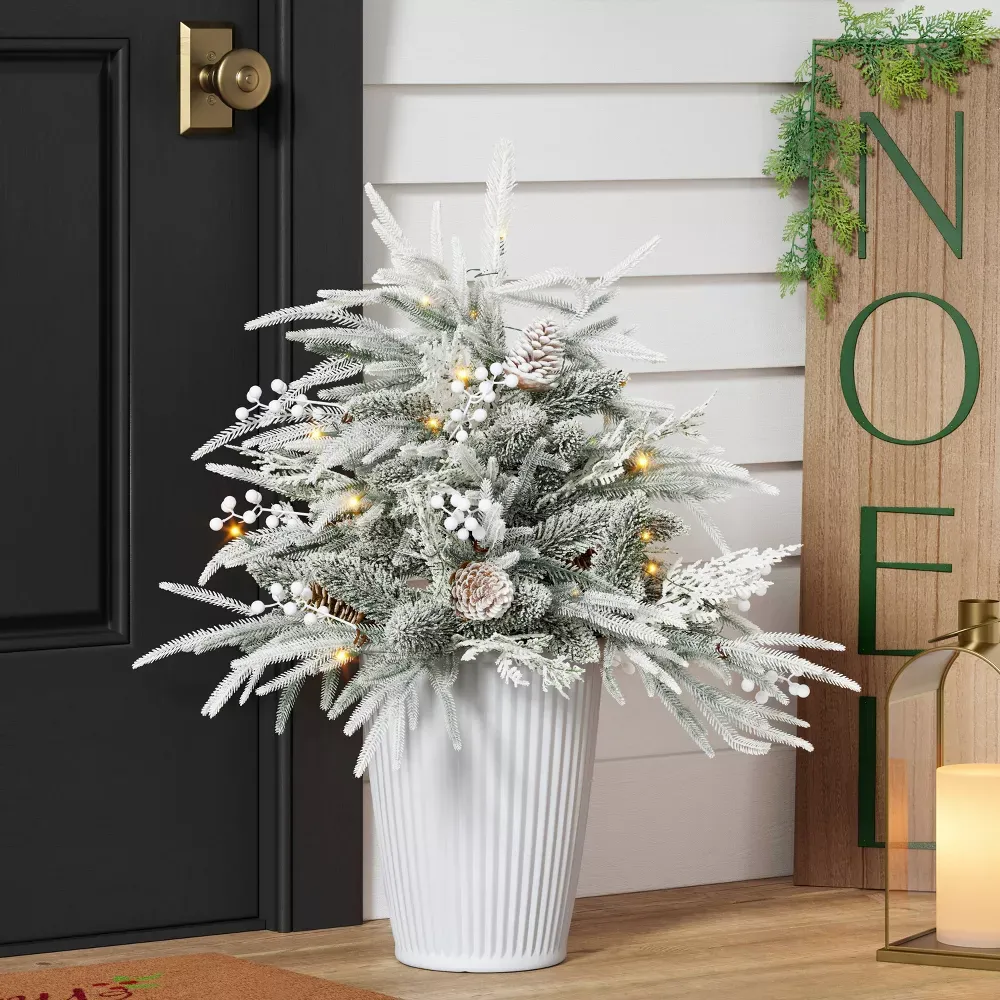 Pre-Lit Christmas Mixed Artificial Flocked Greenery with Ground Stake