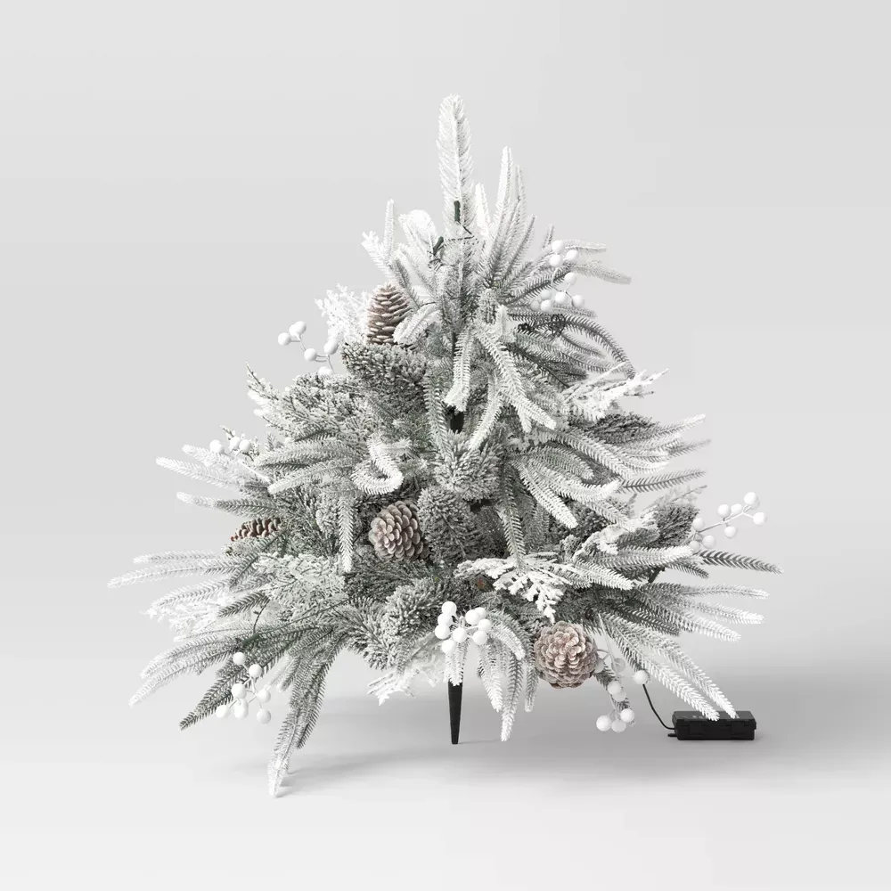 Pre-Lit Christmas Mixed Artificial Flocked Greenery with Ground Stake