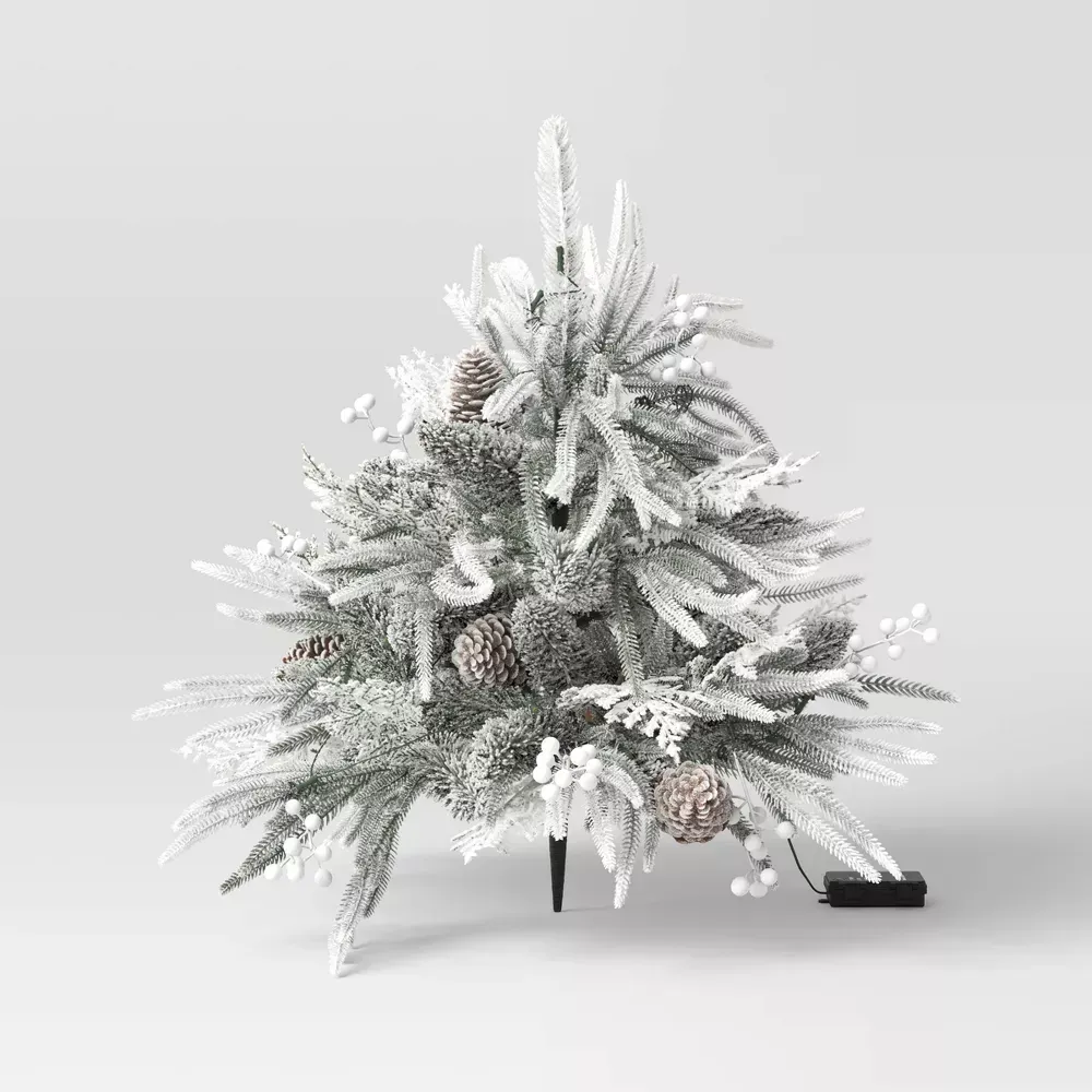 Pre-Lit Christmas Mixed Artificial Flocked Greenery with Ground Stake