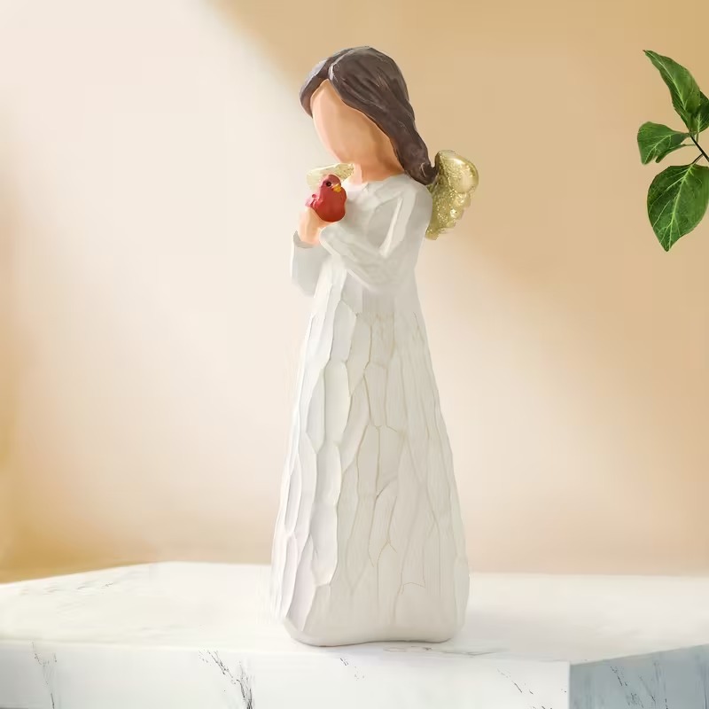 Gold Wing Guardian Angel Statue with Cardinal Bird