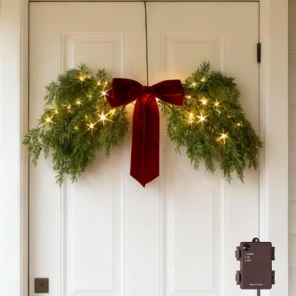 Lighted Cedar Pine Swag with Velvet Bow, Battery Operated with Timer 60 LED Fairy Lights