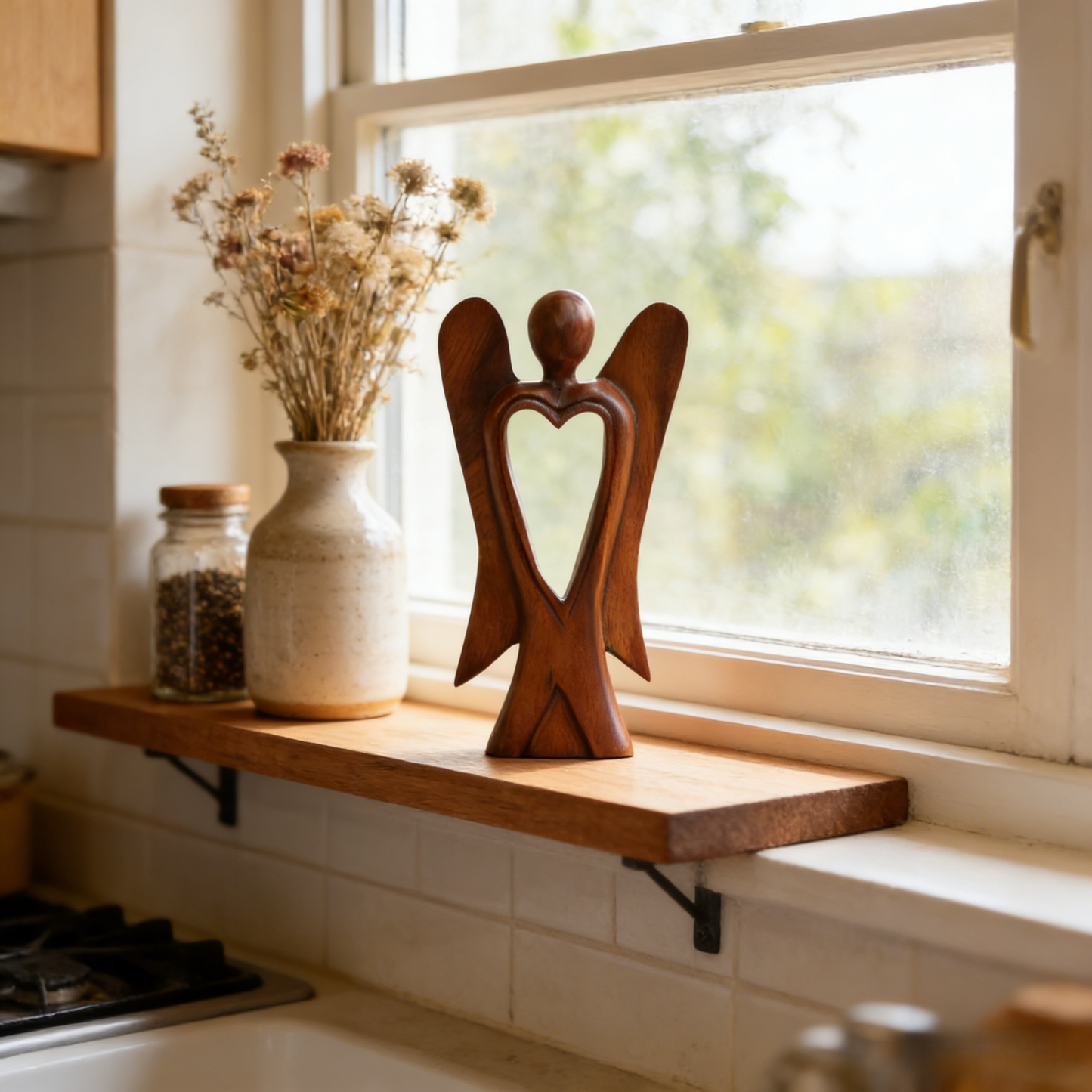 Handmade Wood Figurine of Angel with Heart Feature