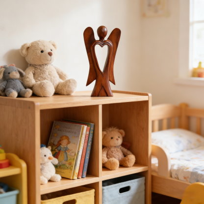 Handmade Wood Figurine of Angel with Heart Feature