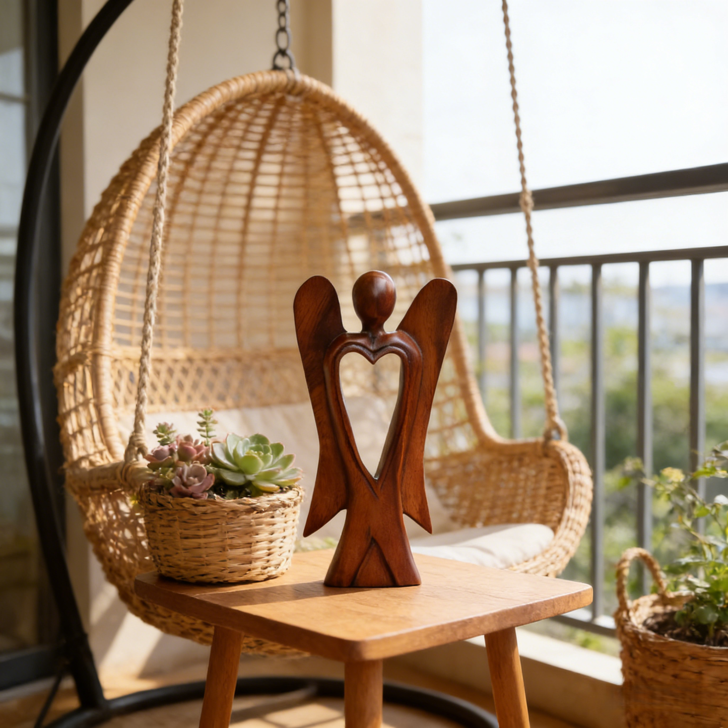 Handmade Wood Figurine of Angel with Heart Feature