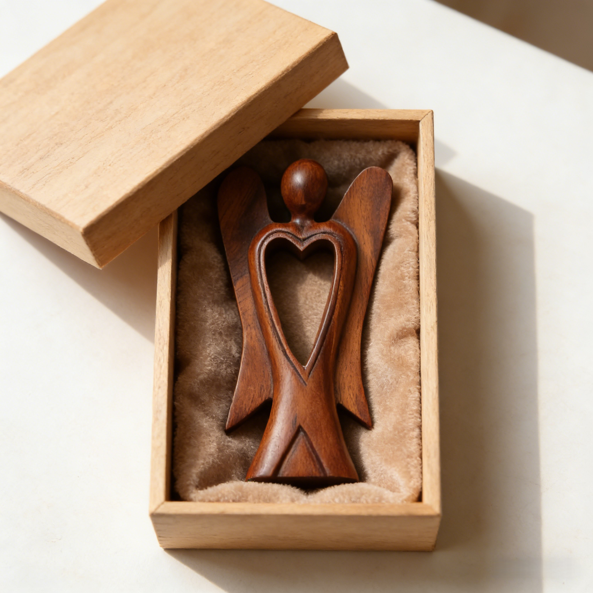 Handmade Wood Figurine of Angel with Heart Feature