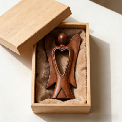Handmade Wood Figurine of Angel with Heart Feature