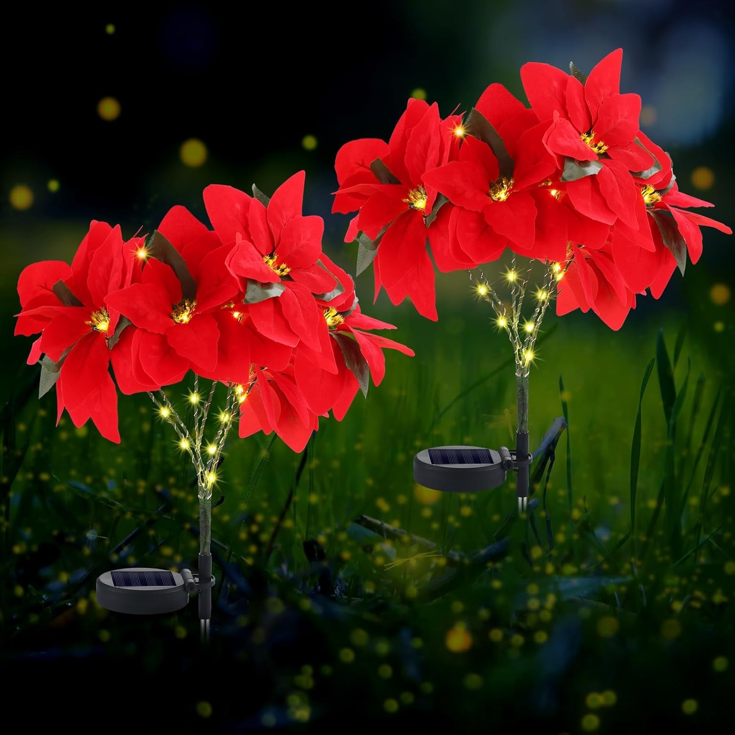 Christmas Solar Poinsettia Flower Lights – Waterproof Outdoor LED Holiday Pathway Decor