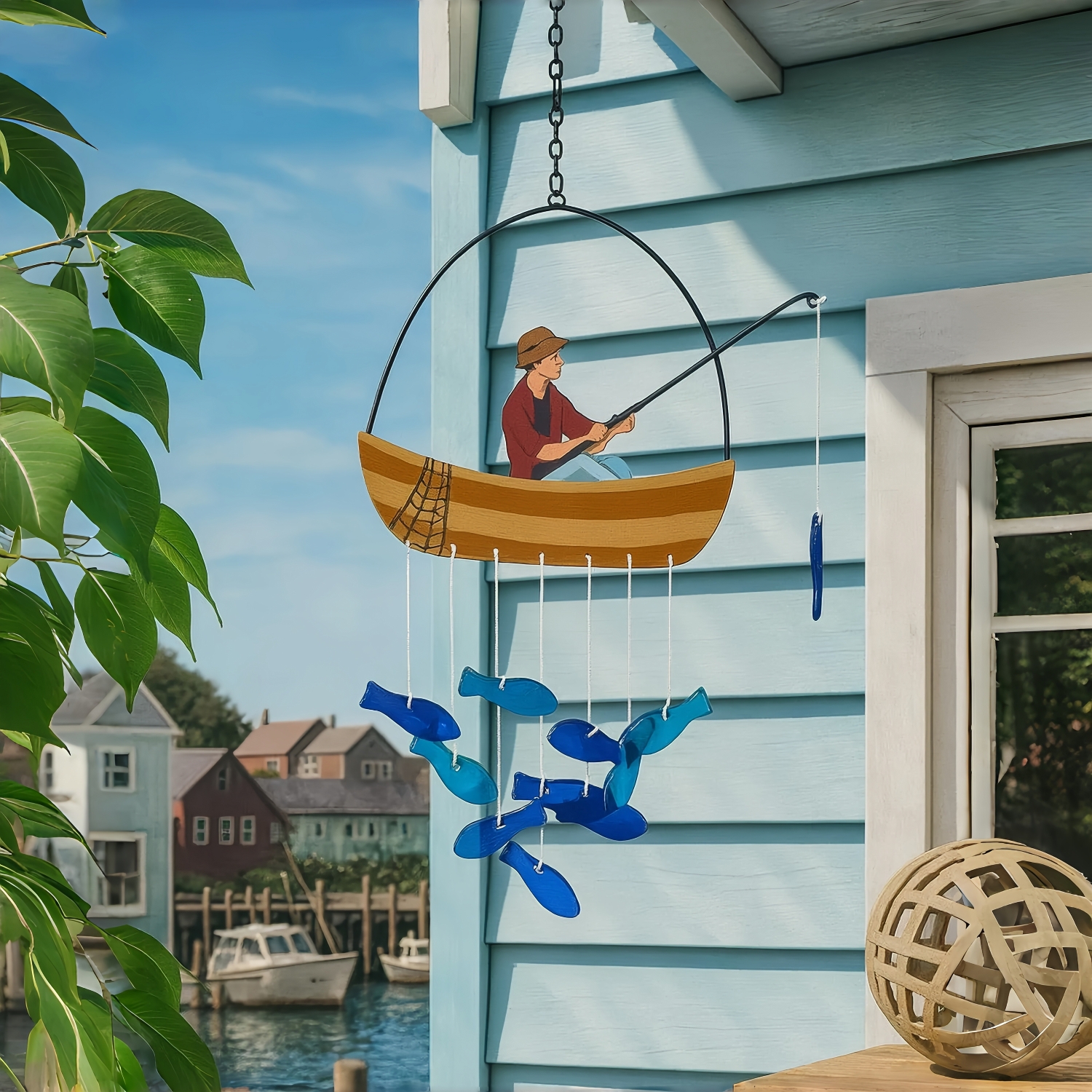 Stained Glass Fisherman Boat Wind Chime with Hanging Blue Fish