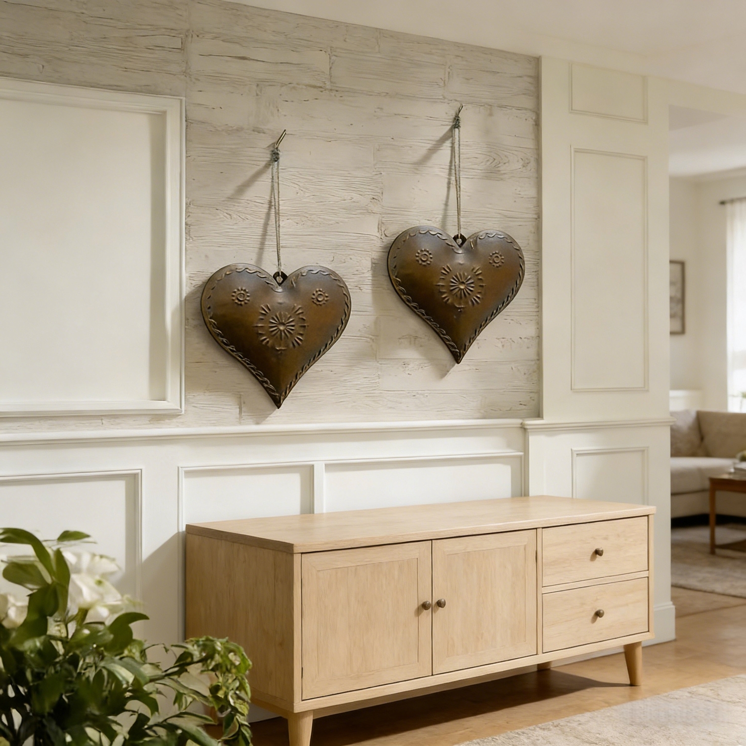 Set of 2 Vintage Bronze Metal Heart Hanging Decor