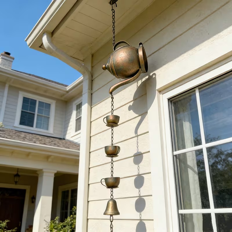Vintage Teapot Rain Chain Wind Chime for Garden & Patio