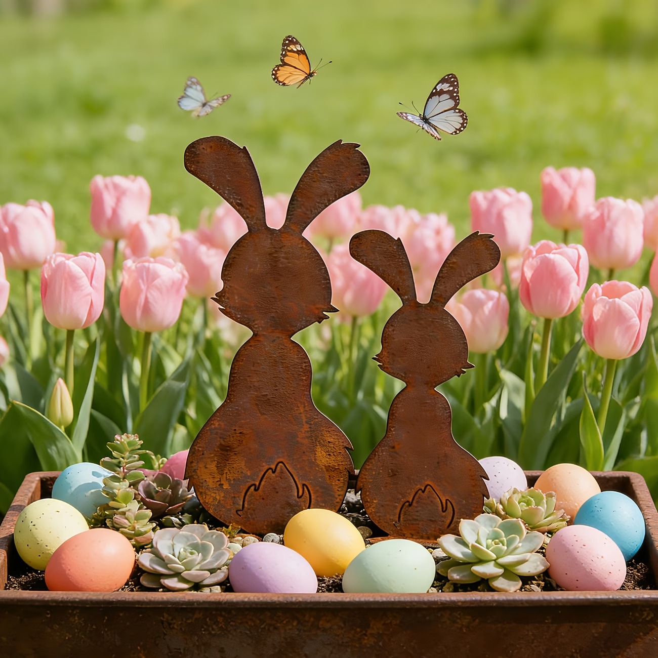 Rustic Metal Bunny Garden Stakes