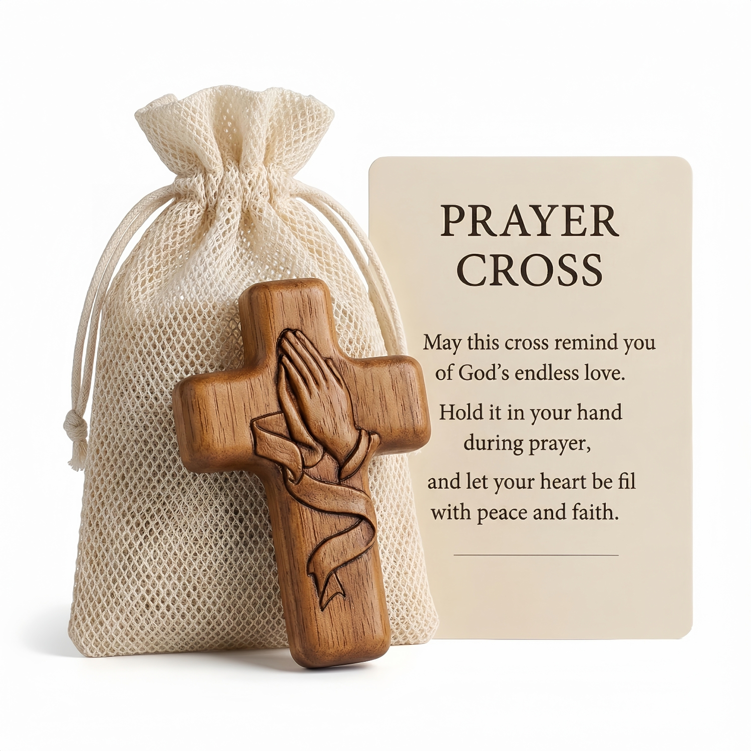 Hand-Carved Walnut Wood Pocket Prayer Cross with Card & Mesh Bag
