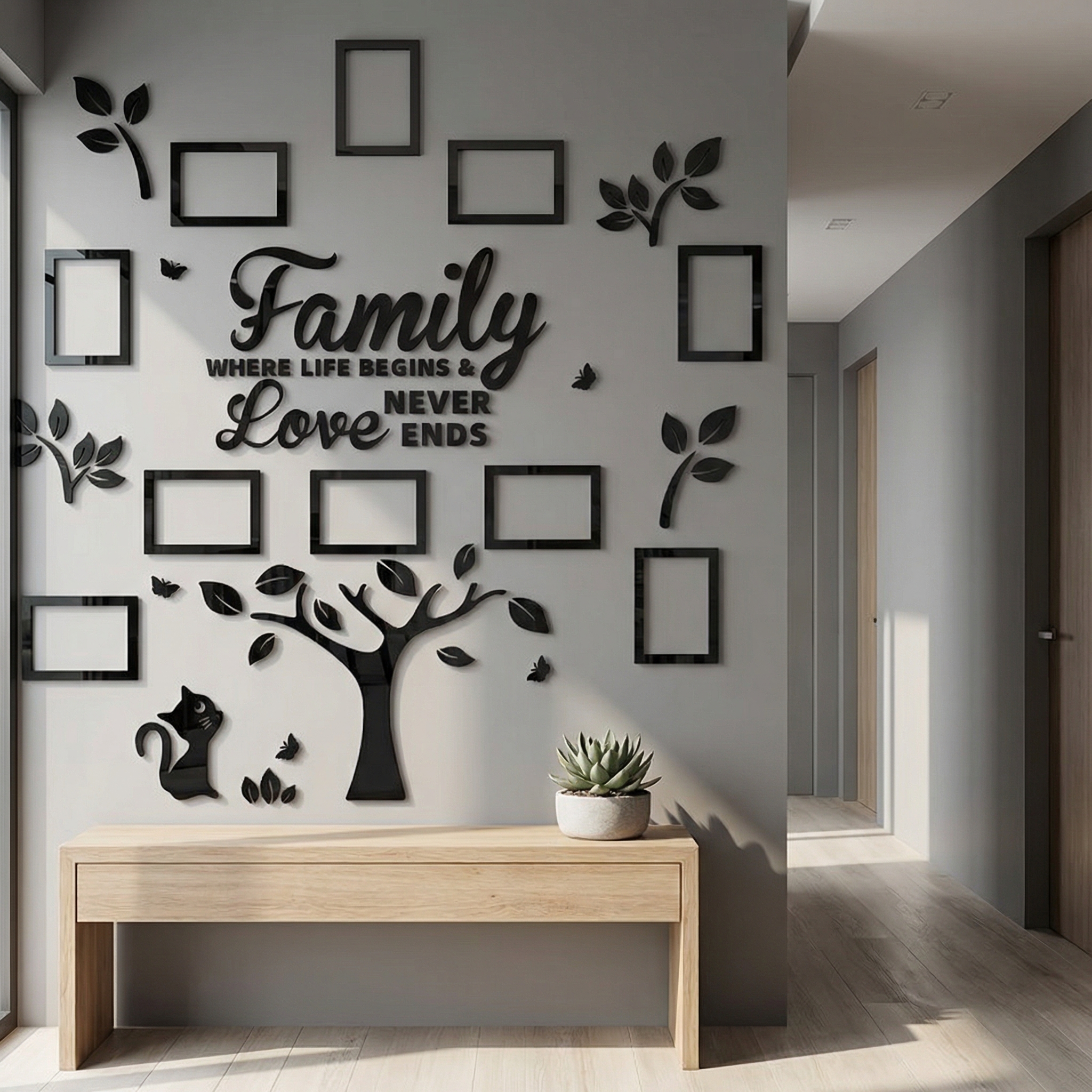 Family Tree Mirror Wall Art Set with Photo Frames – "Family Where Life Begins & Love Never Ends" Boho Cat Gallery Wall Décor