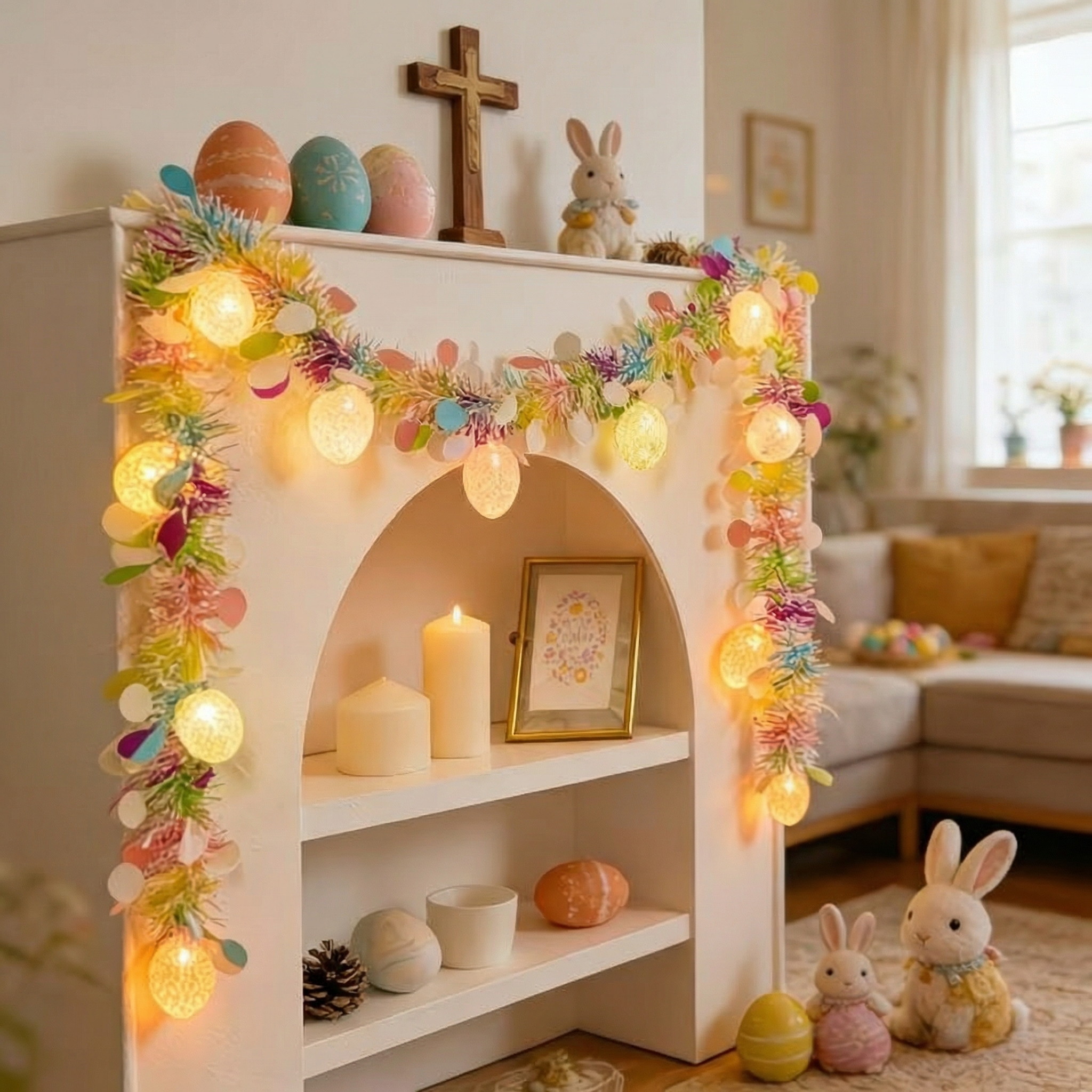 6.56FT Rainbow Easter Tinsel Garland with Egg String Lights