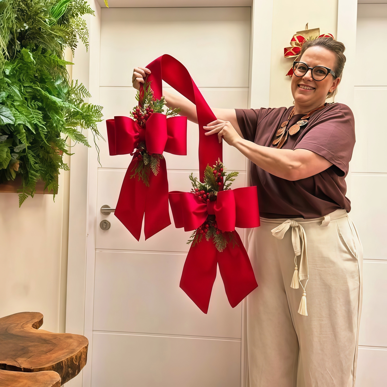 🎄Early Christmas Sale🔥Christmas Double Velvet Bow Ribbon with Holiday Greenery & Berries
