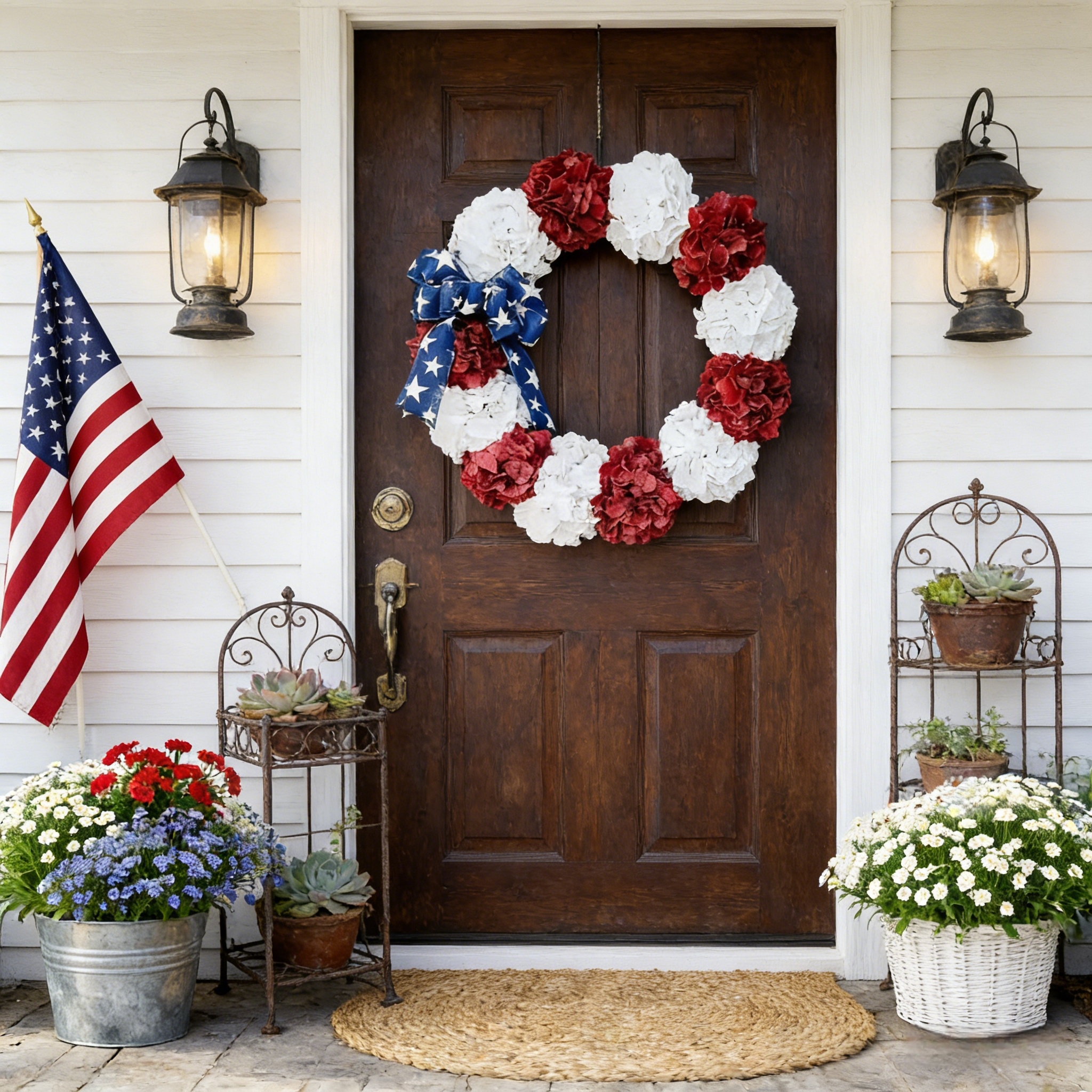 Patriotic Red White Blue Wreath for Front Door, Large Artificial Hydrangea Wreath with Star Bow, 4th of July Independence Day Outdoor Decor, Memorial Day Porch Decoration