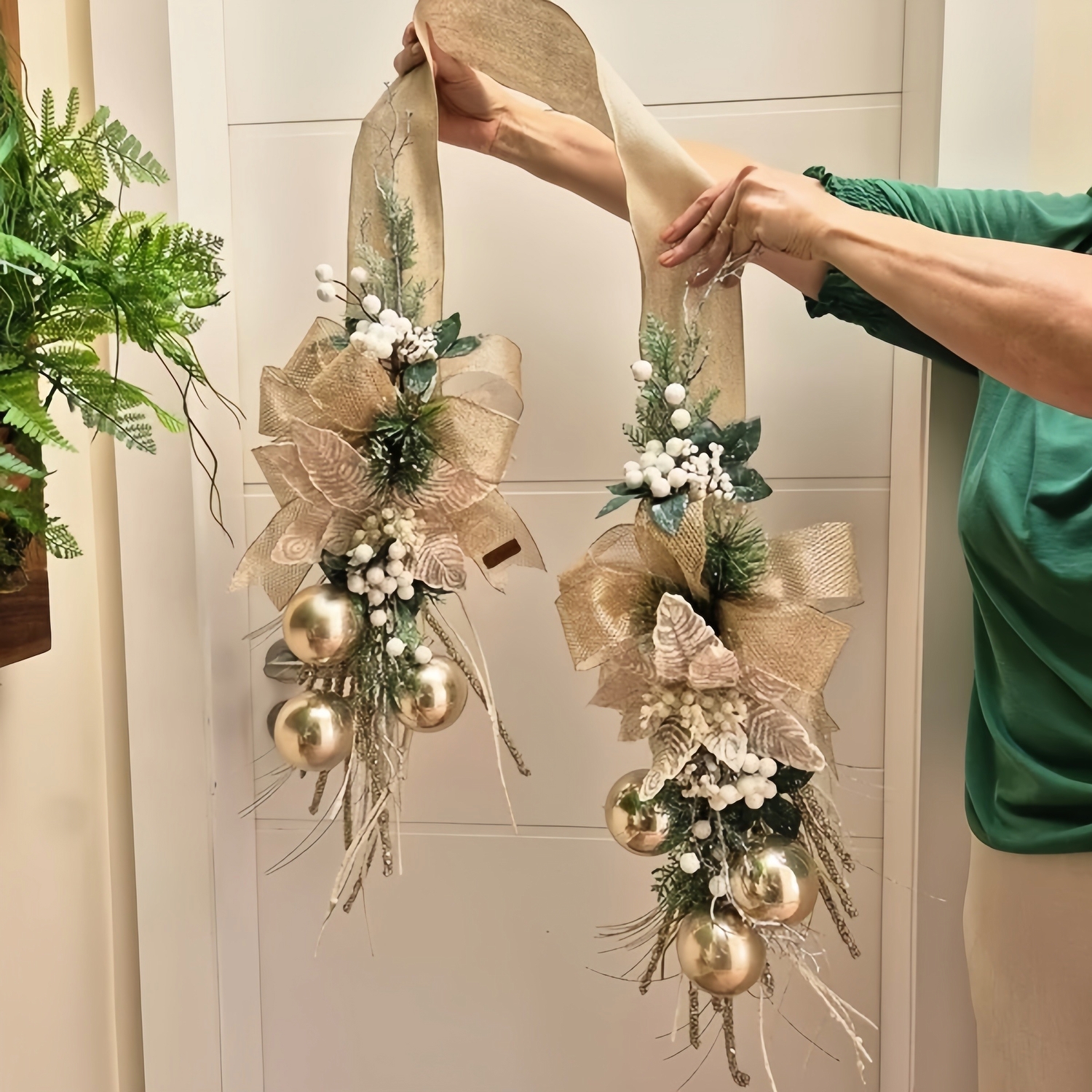 Glam Gold Christmas Door Ribbon with Ornaments & Greenery
