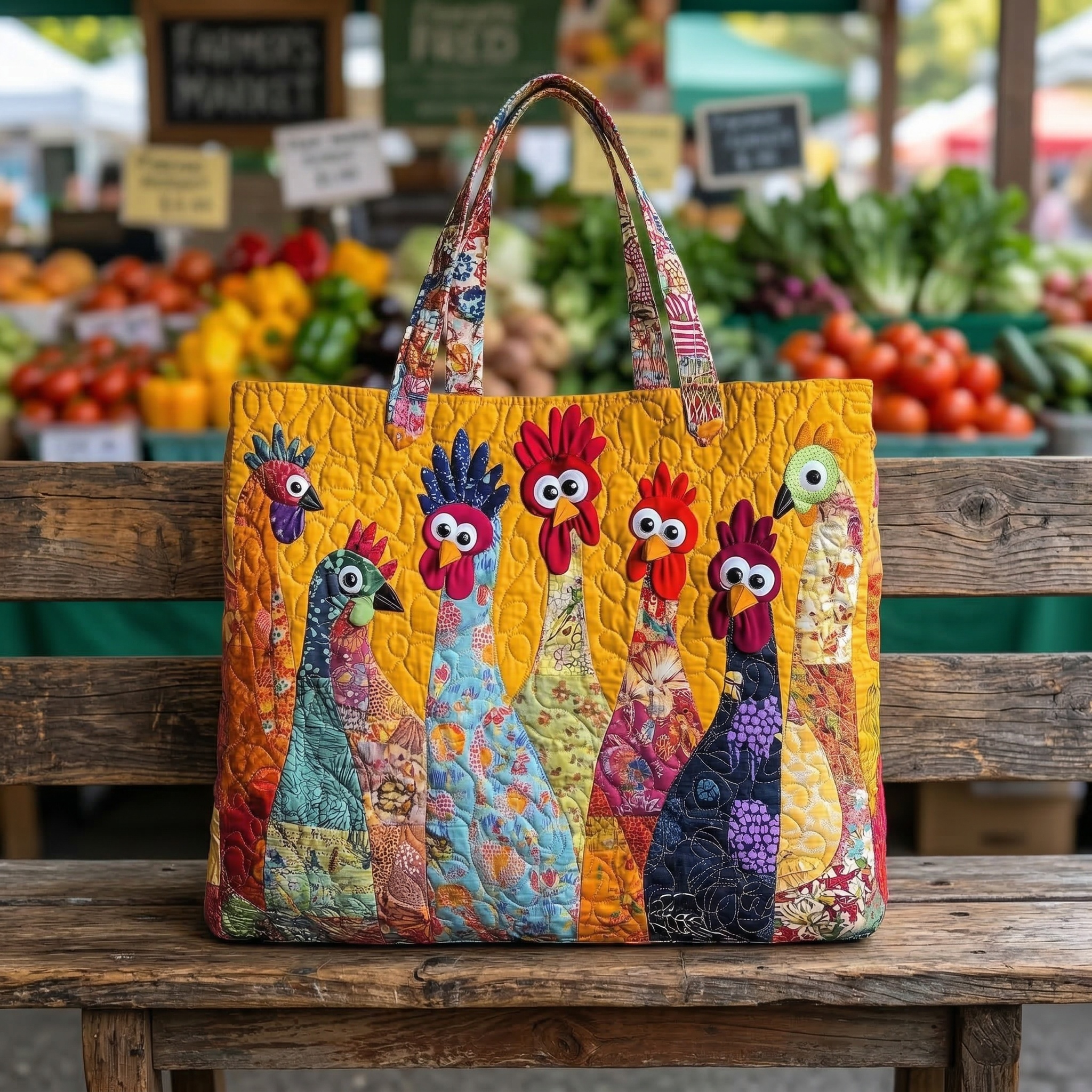 Colorful Chicken Patchwork Quilted Tote Bag