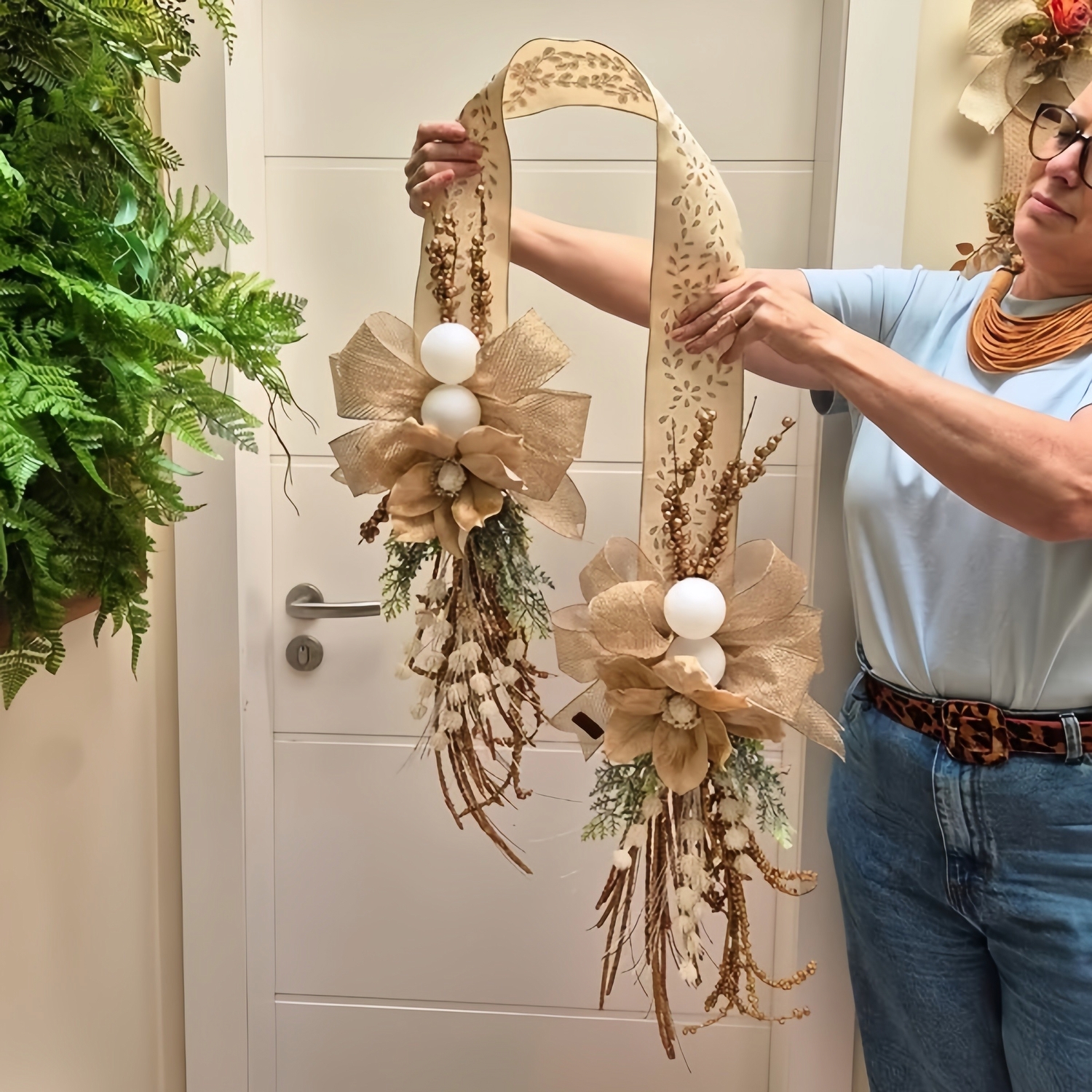 Elegant Bronze Double Ribbon Christmas Door Decor