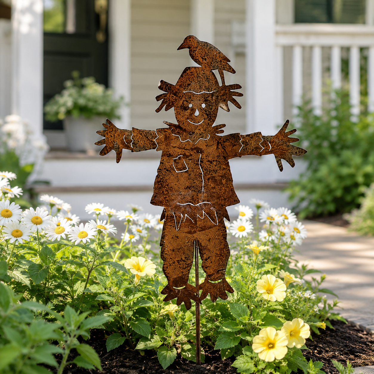 Rustic Metal Scarecrow Garden Stake with Crow
