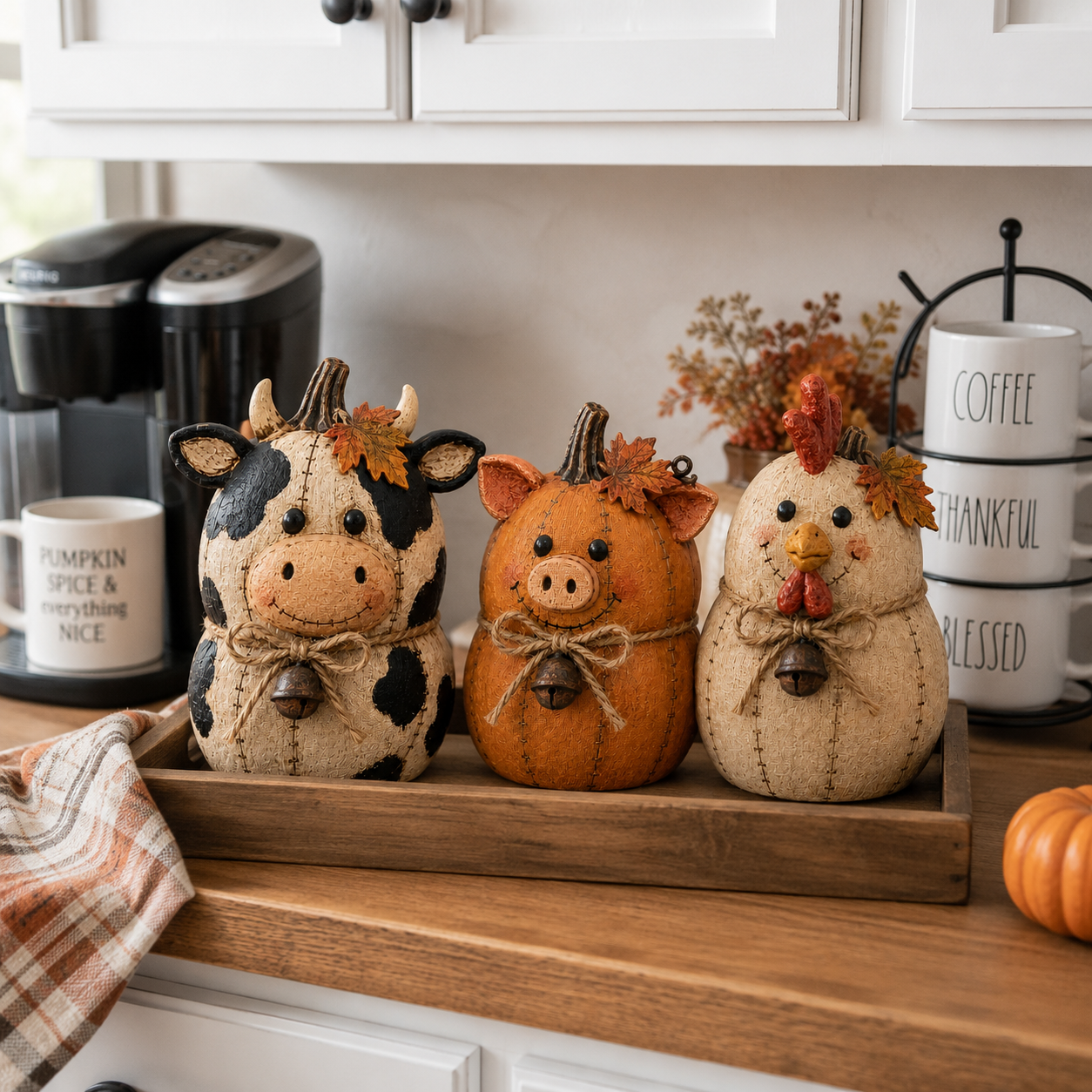 Rustic Farm Pumpkin Friends displayed in a cozy farmhouse kitchen