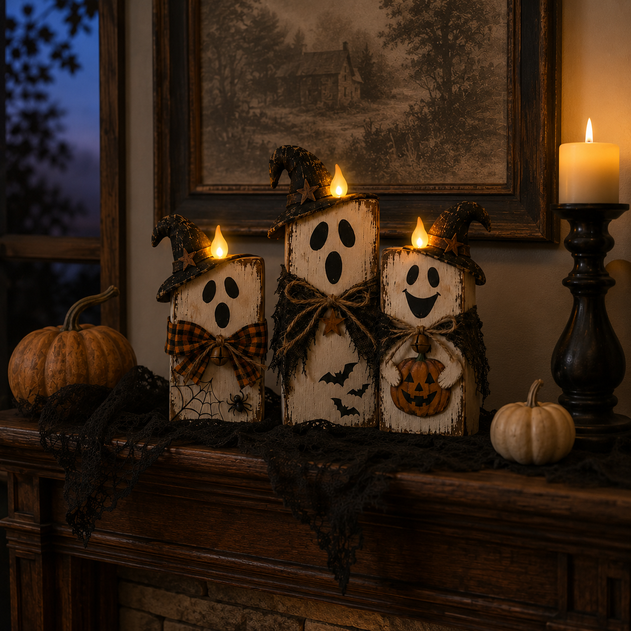 Lighted Vintage Wooden Ghost Decor Set