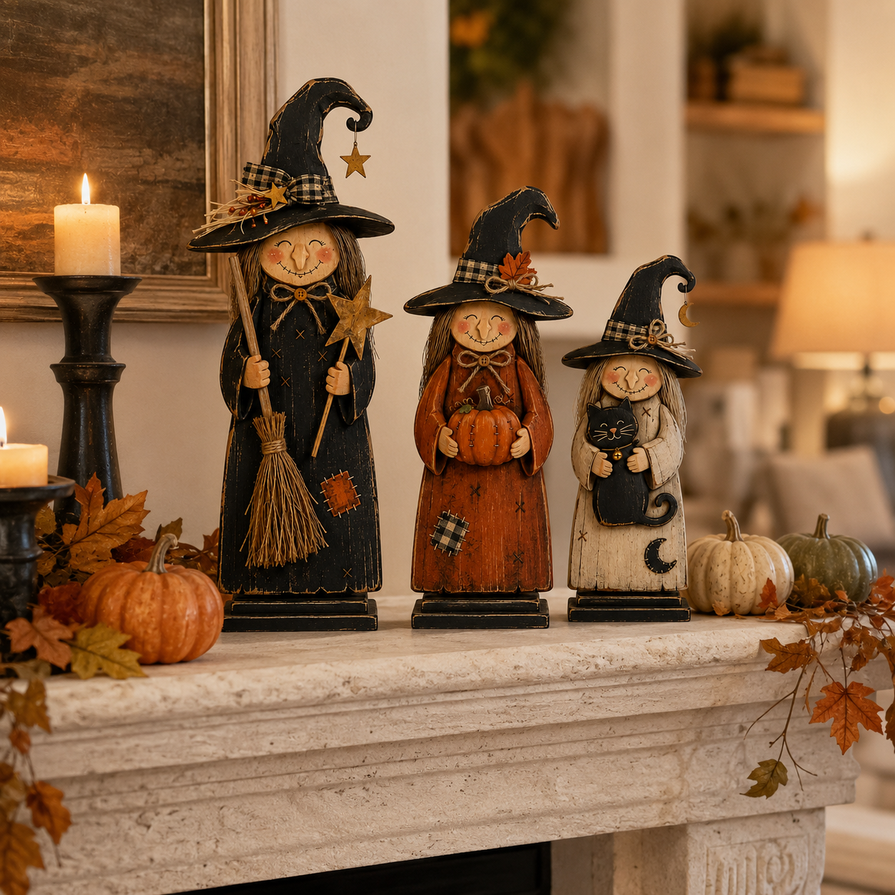 Vintage Wooden Witch Sisters Decor Set