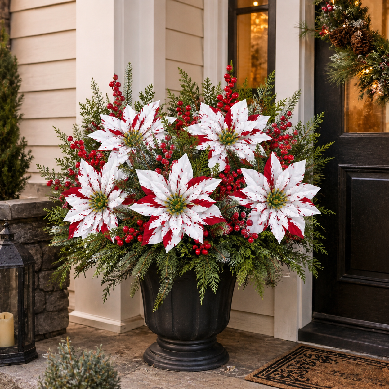 Christmas Poinsettia Planter Inserts – Set of 6 Red & White Holiday Floral Picks