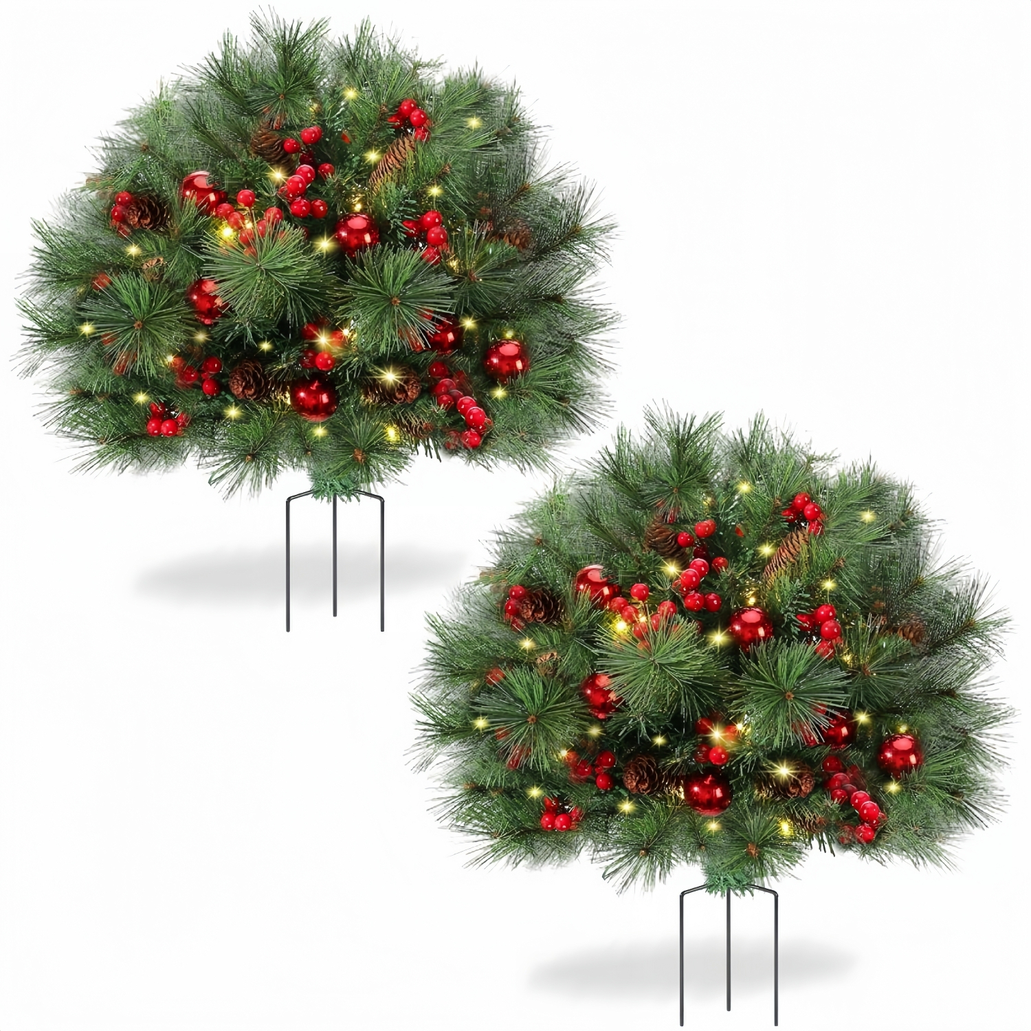 2025 New Pre-Lit Christmas Urn Filler with Pine Cones, Red Berries & Ornament Balls