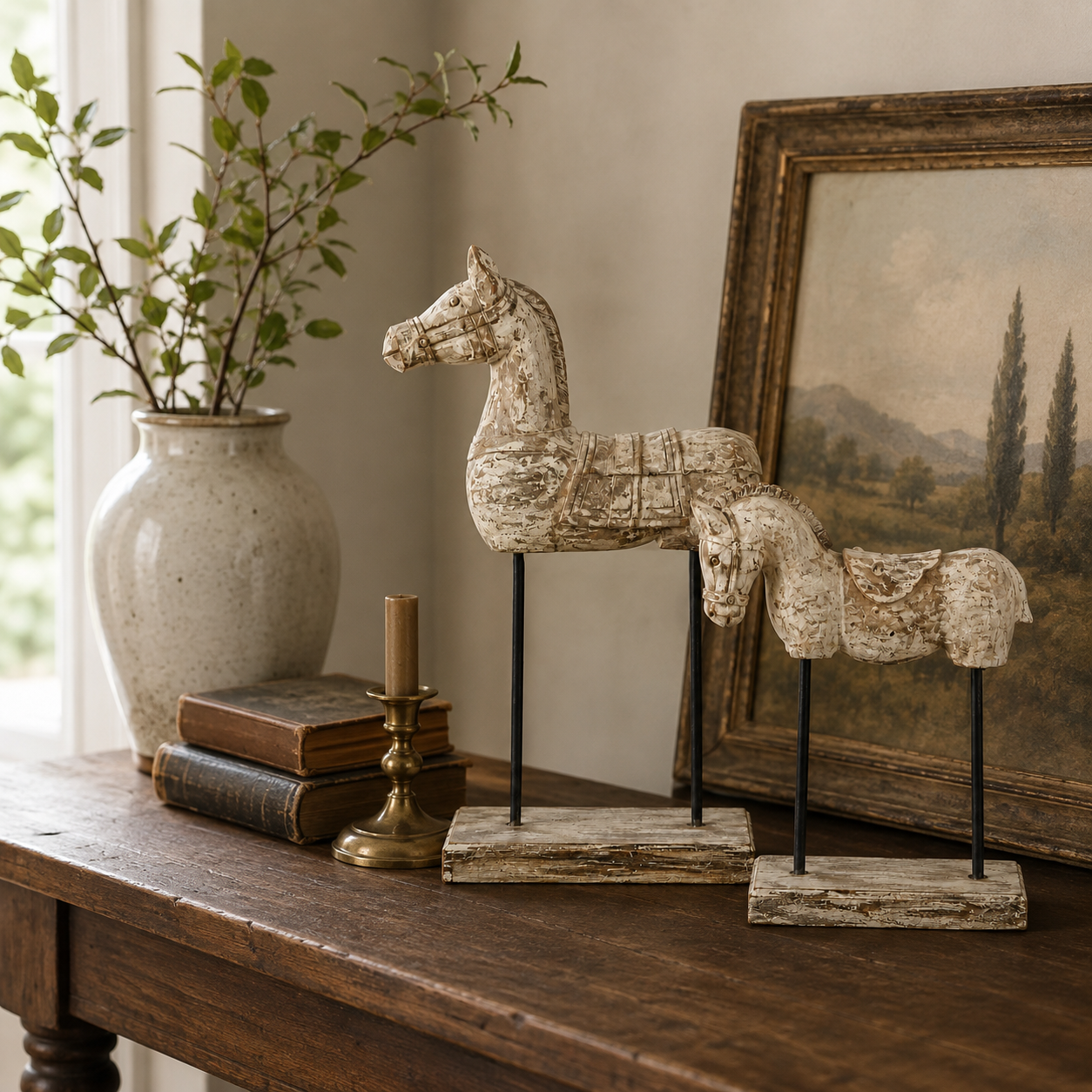 Set of 2 Vintage Weathered Horse Sculptures