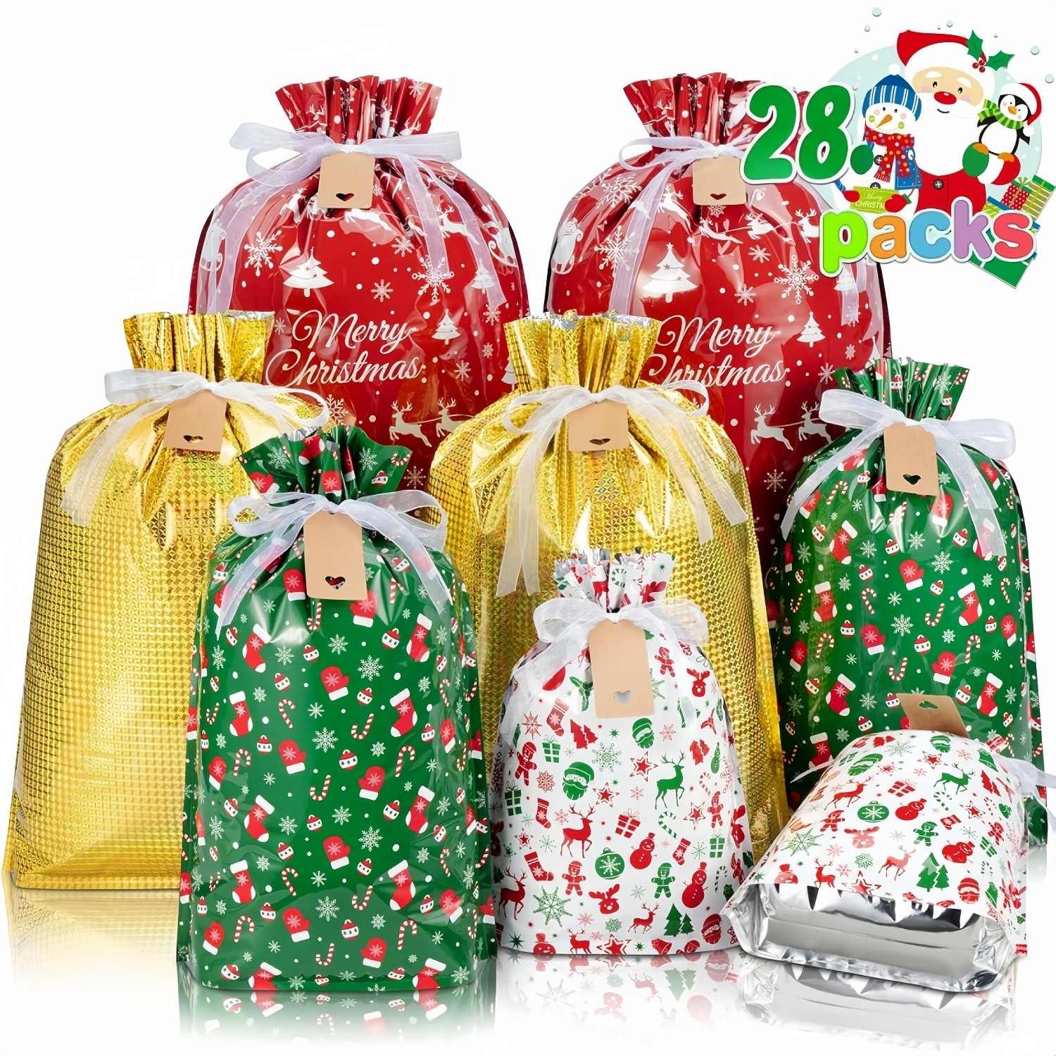 Christmas Drawstring Gift Bags (28 Pack + 30 kraft Tags)